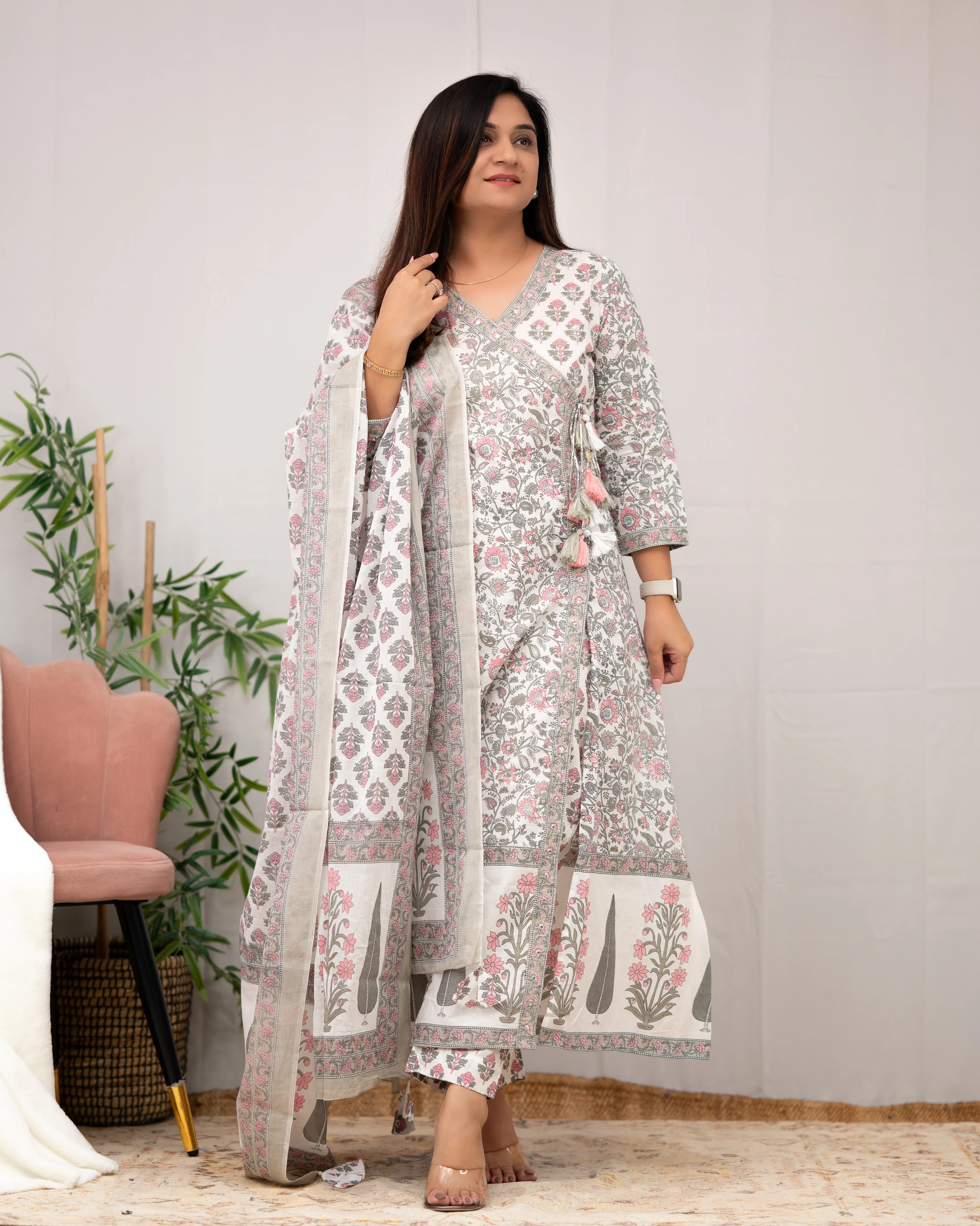 Aadhaya Angrakha Handblock Front Slit Pant Set - Image 6