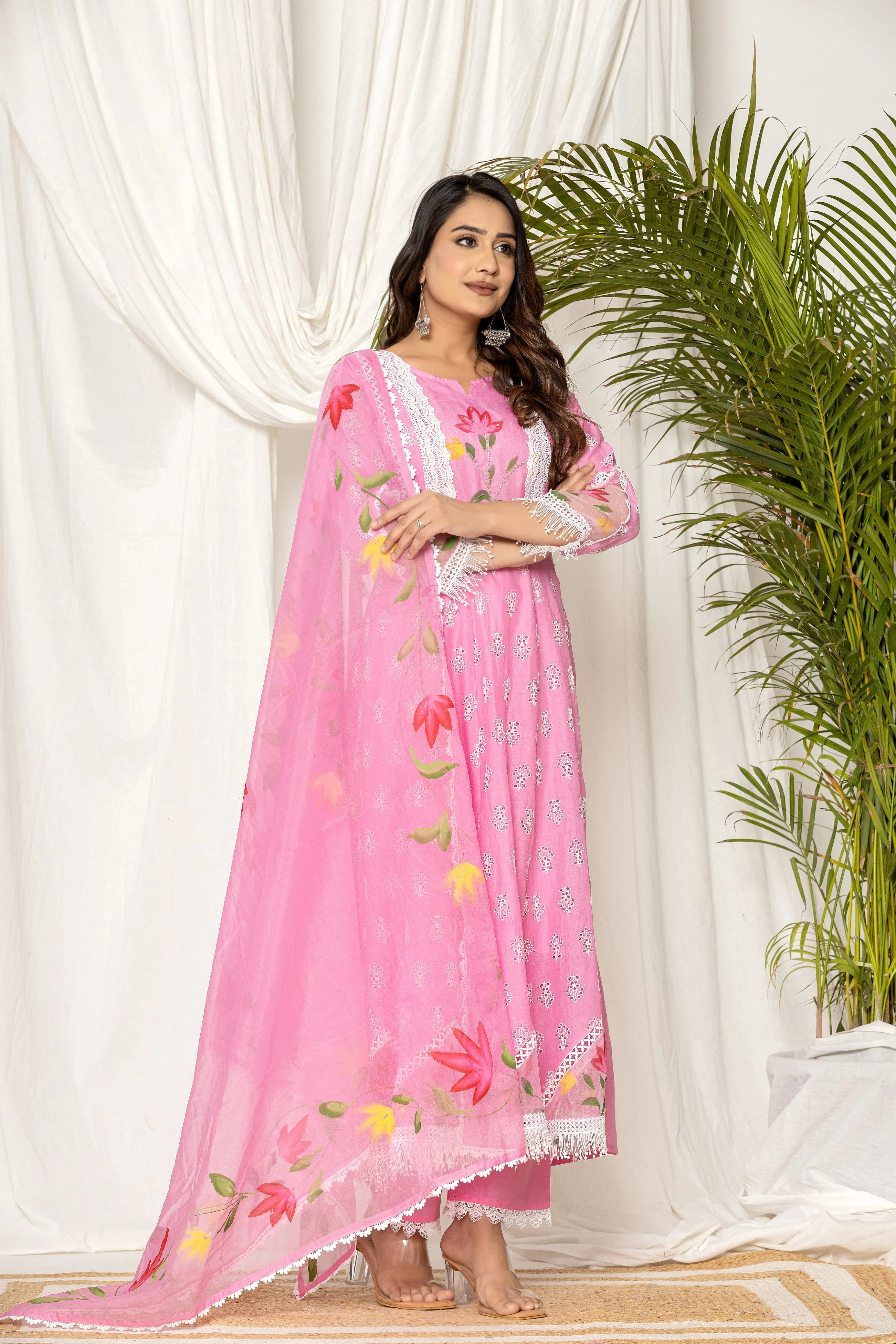 Adya Cotton Schiffli Hand Brush Painted Anarkali Set - Image 12