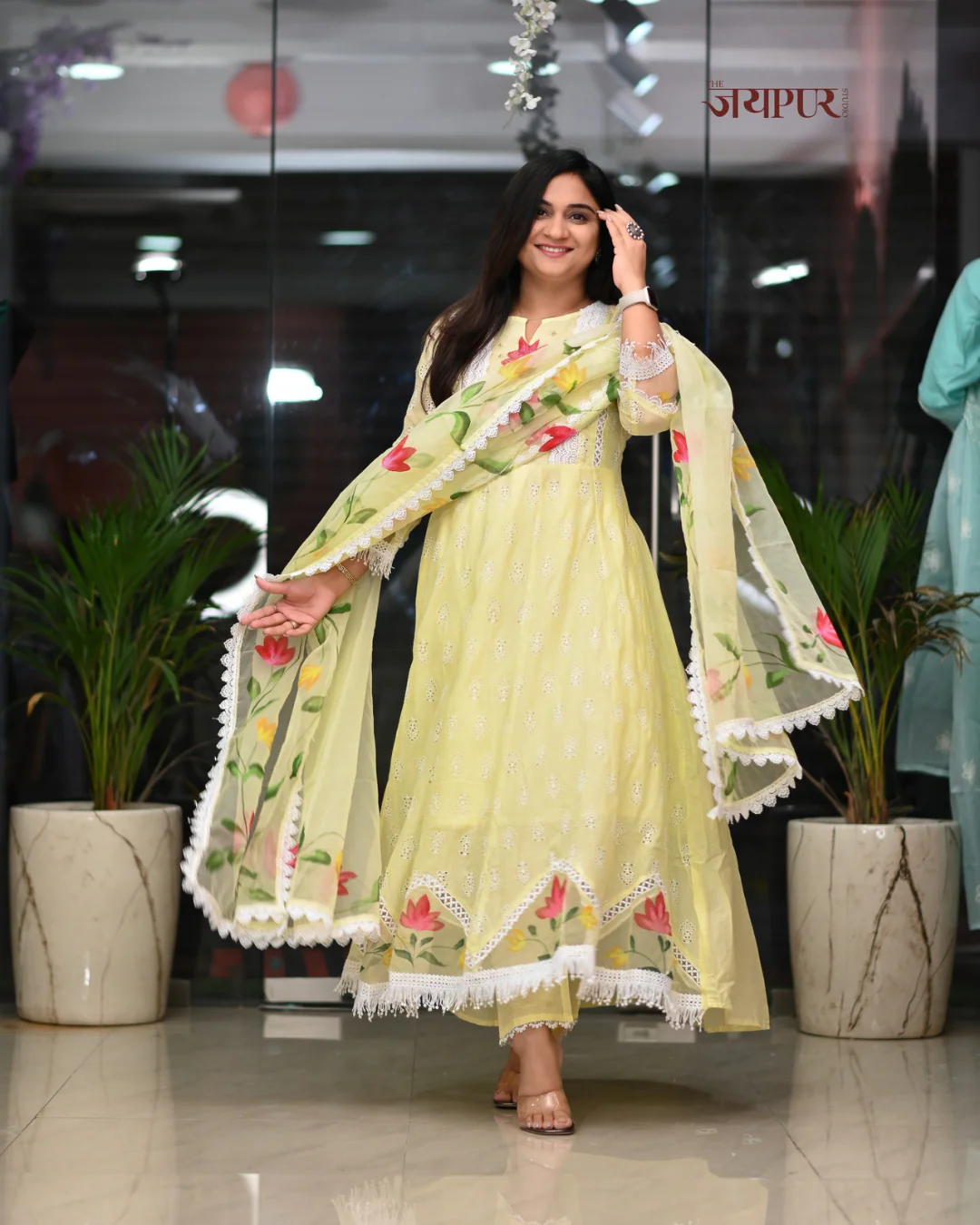Adya Cotton Schiffli Hand Brush Painted Anarkali Set - Image 3