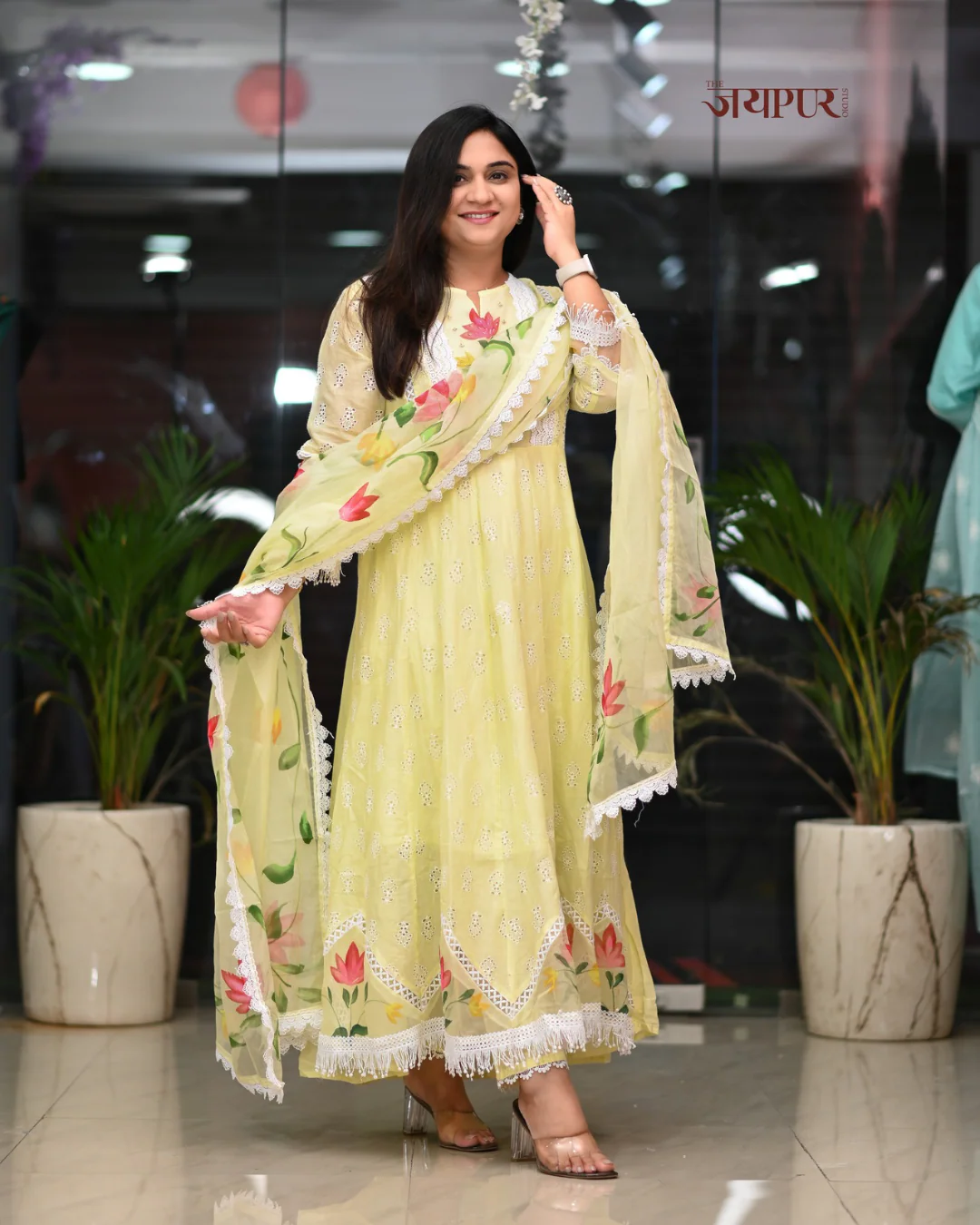 Adya Cotton Schiffli Hand Brush Painted Anarkali Set - Image 4