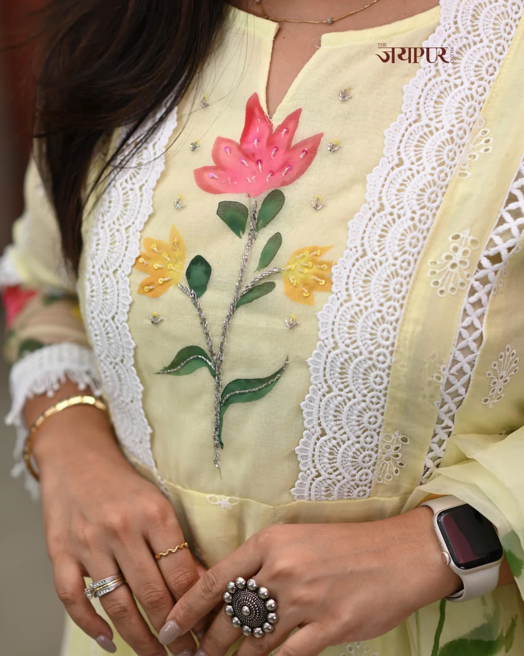 Adya Cotton Schiffli Hand Brush Painted Anarkali Set - Image 7