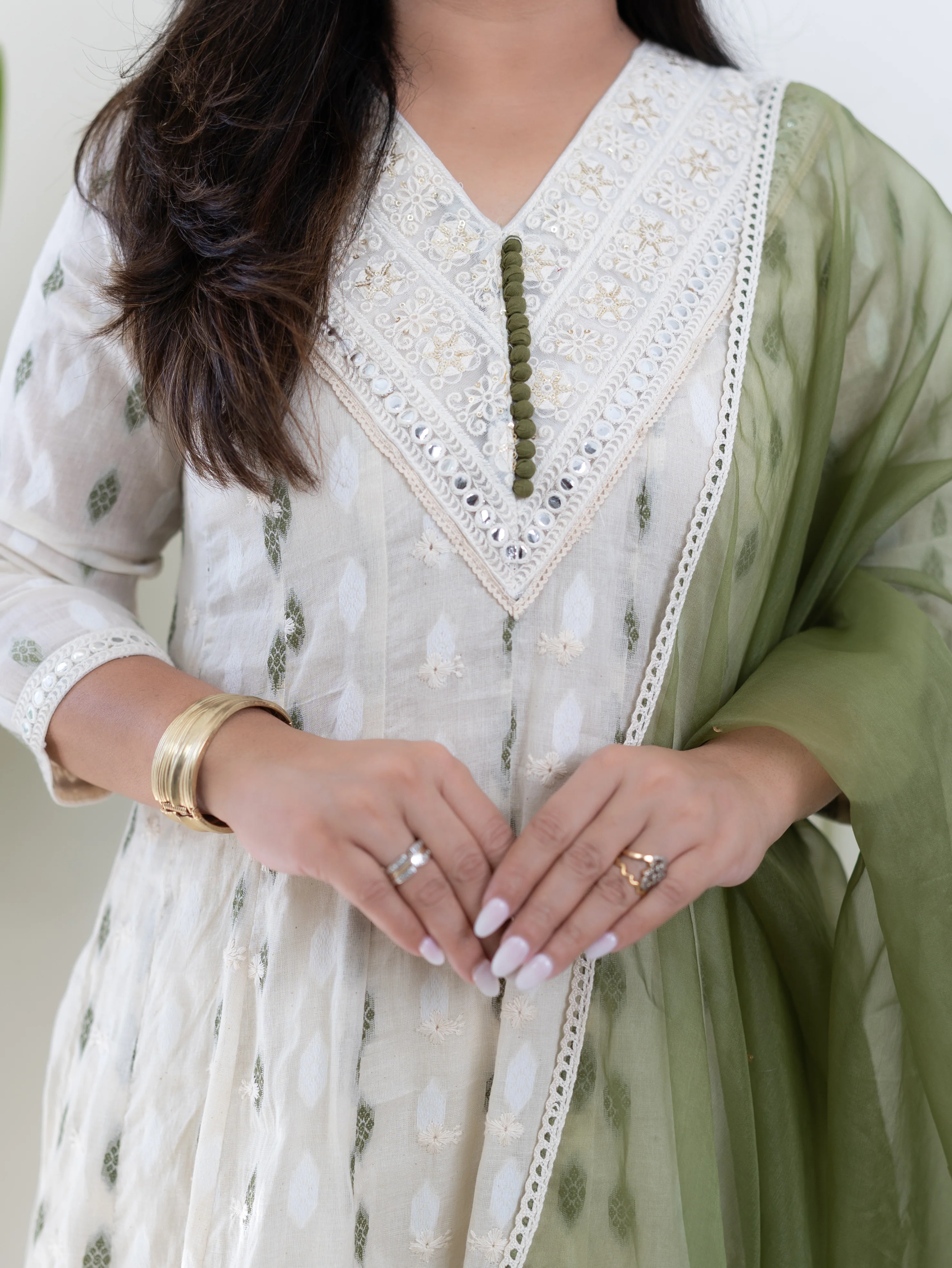 Amaisha Green Cotton Embroidered Anarkali with Applique Dupatta Set - Image 6