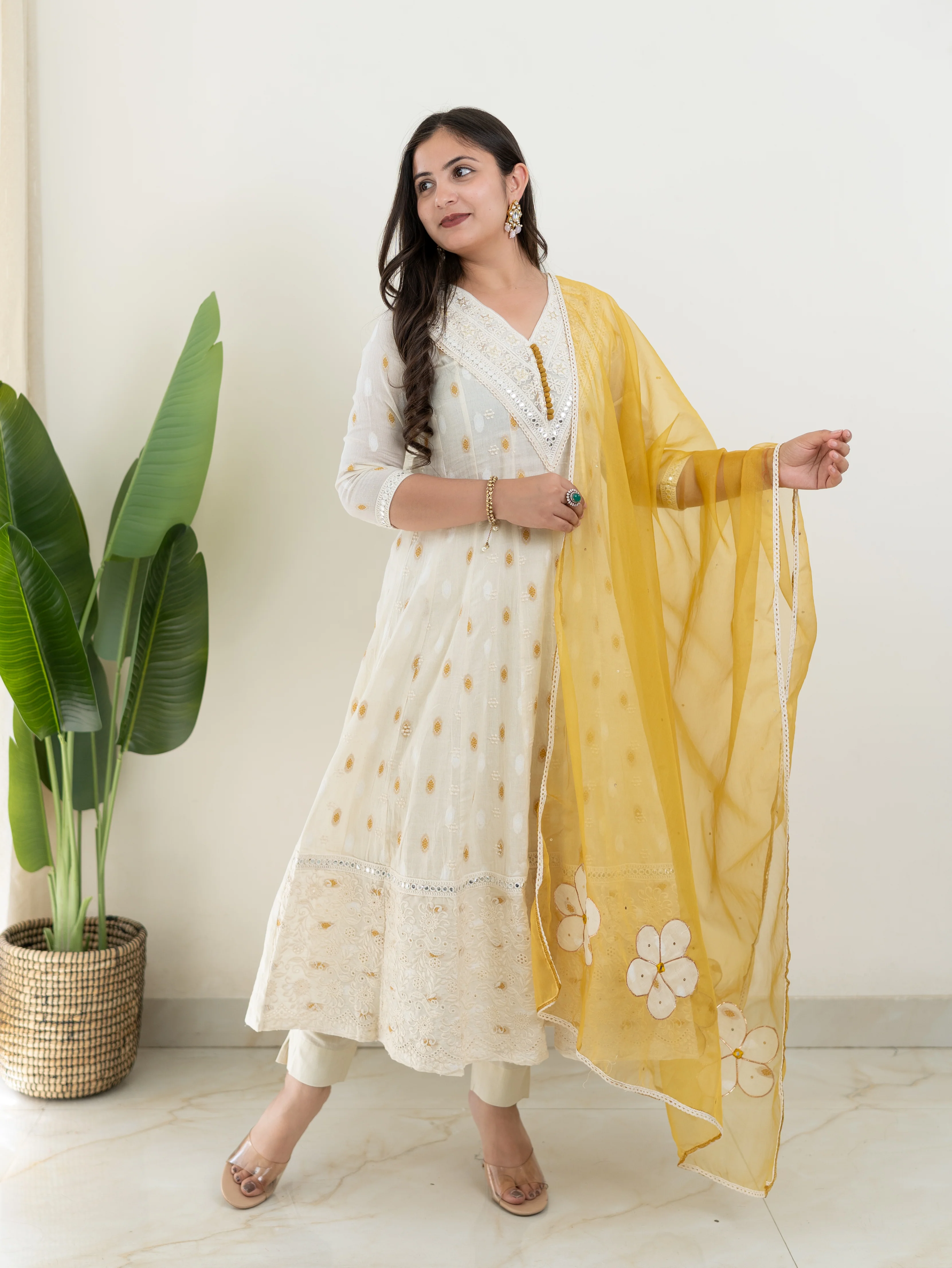 Amaisha Yellow Cotton Embroidered Anarkali with Applique Dupatta set - Image 3