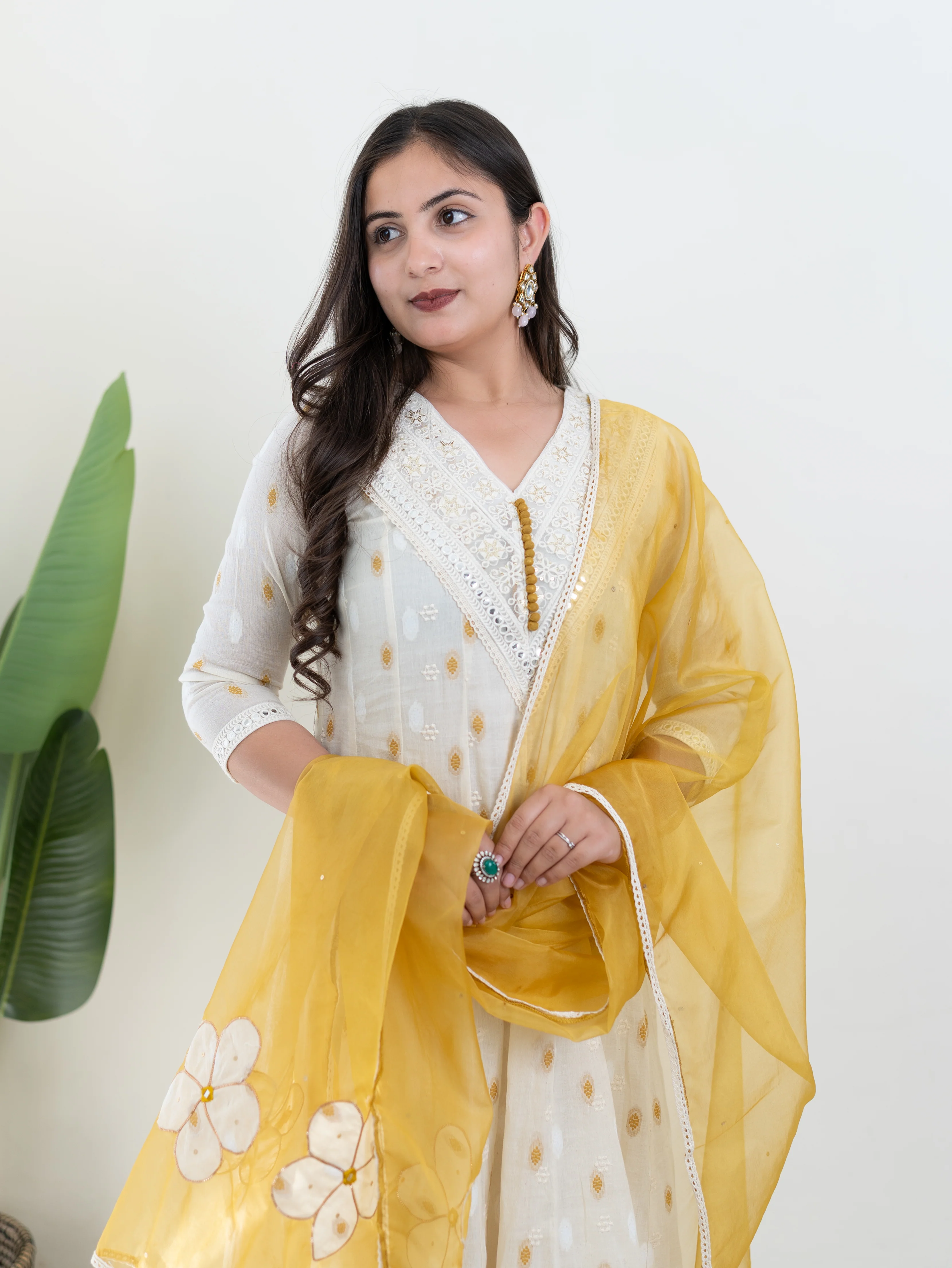 Amaisha Yellow Cotton Embroidered Anarkali with Applique Dupatta set - Image 4
