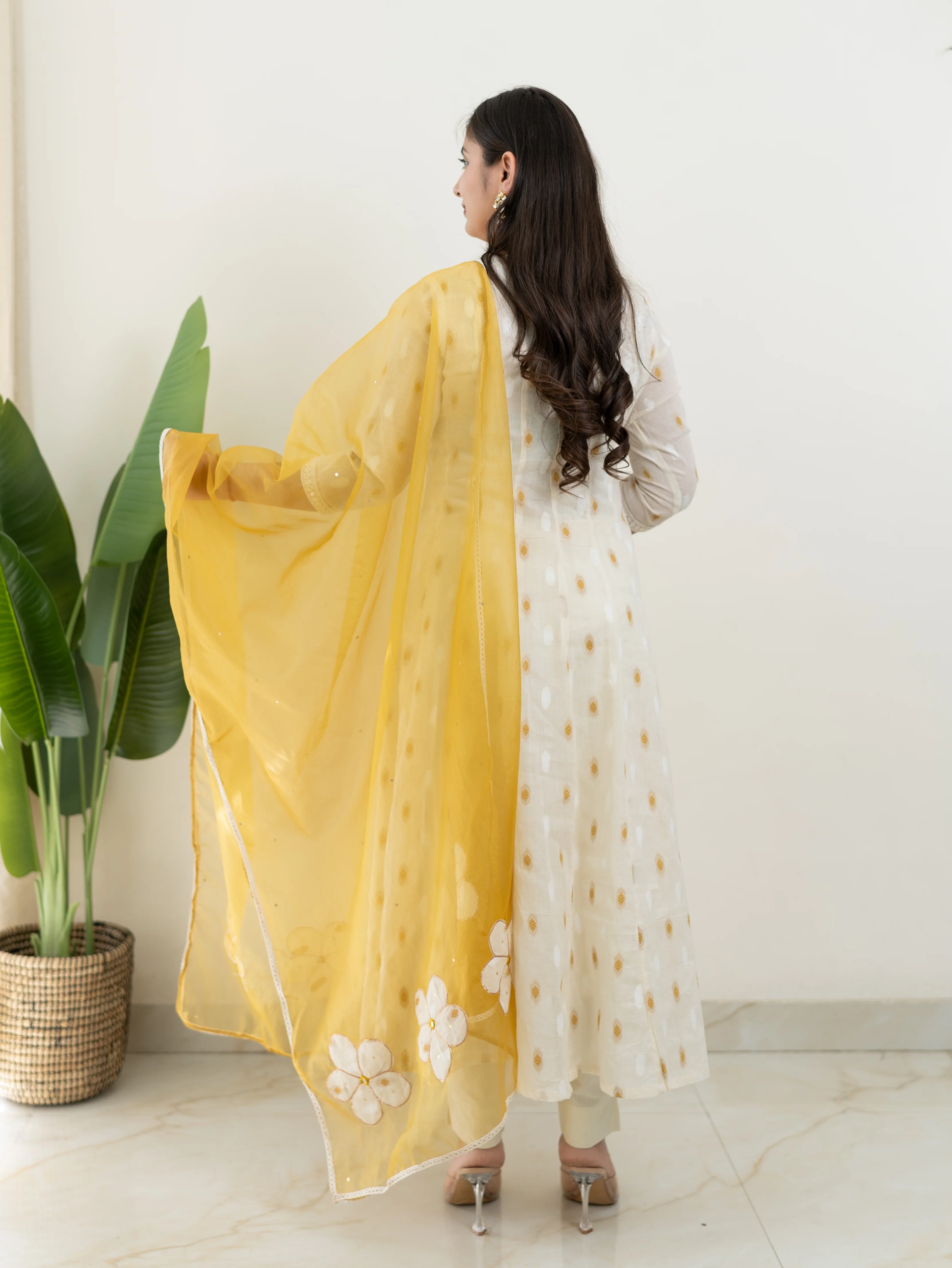 Amaisha Yellow Cotton Embroidered Anarkali with Applique Dupatta set - Image 6