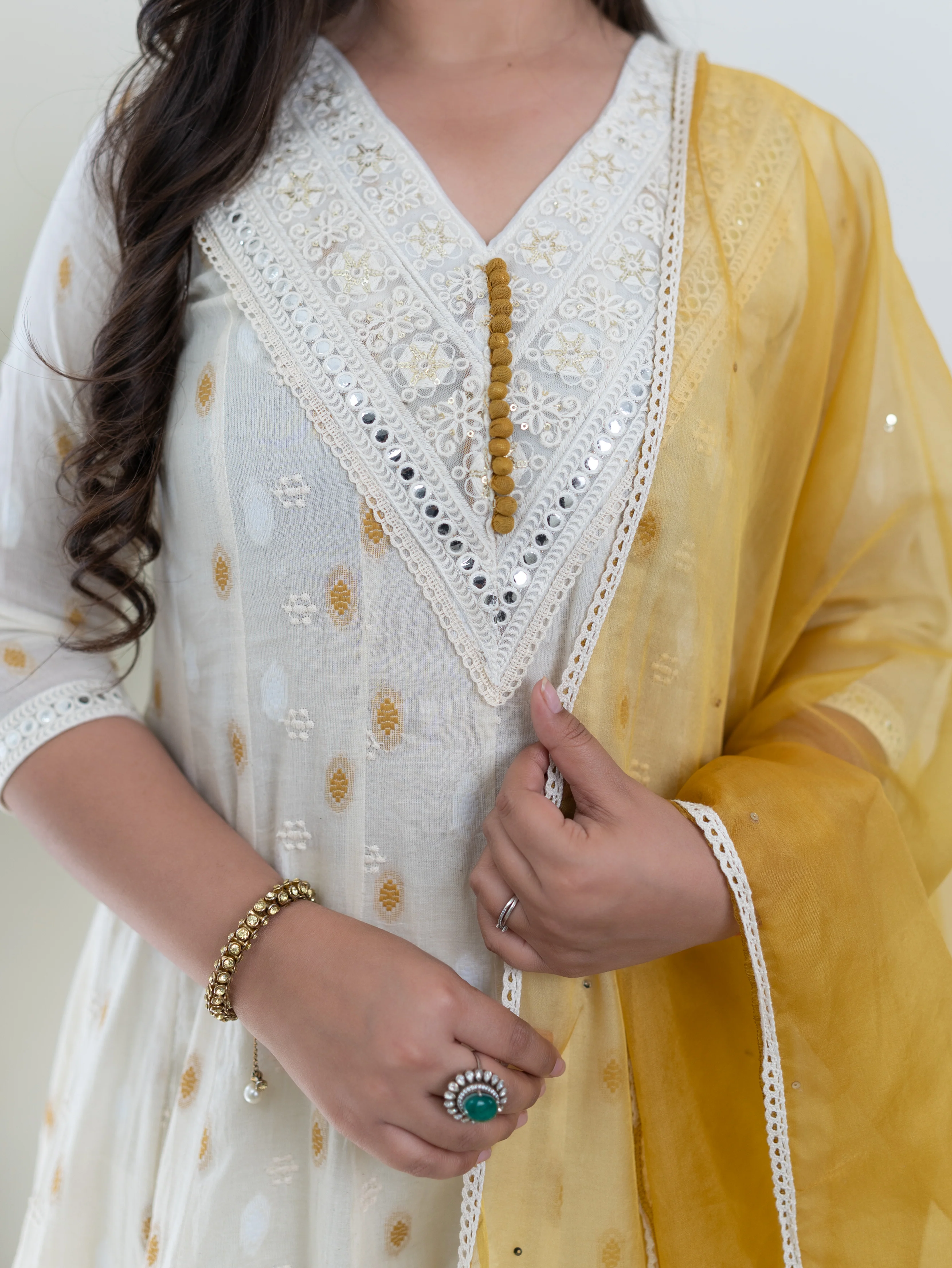 Amaisha Yellow Cotton Embroidered Anarkali with Applique Dupatta set - Image 7