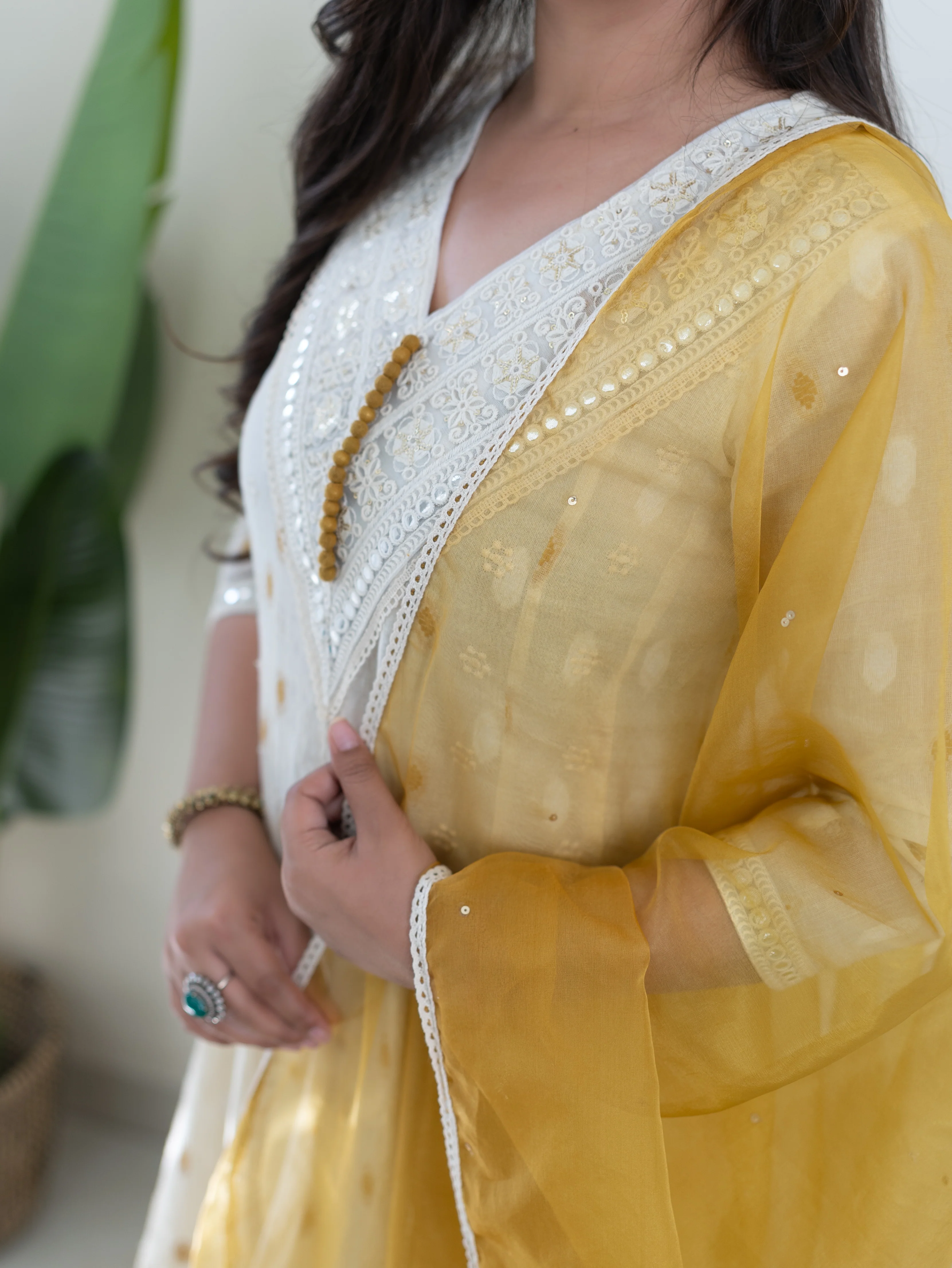 Amaisha Yellow Cotton Embroidered Anarkali with Applique Dupatta set - Image 8