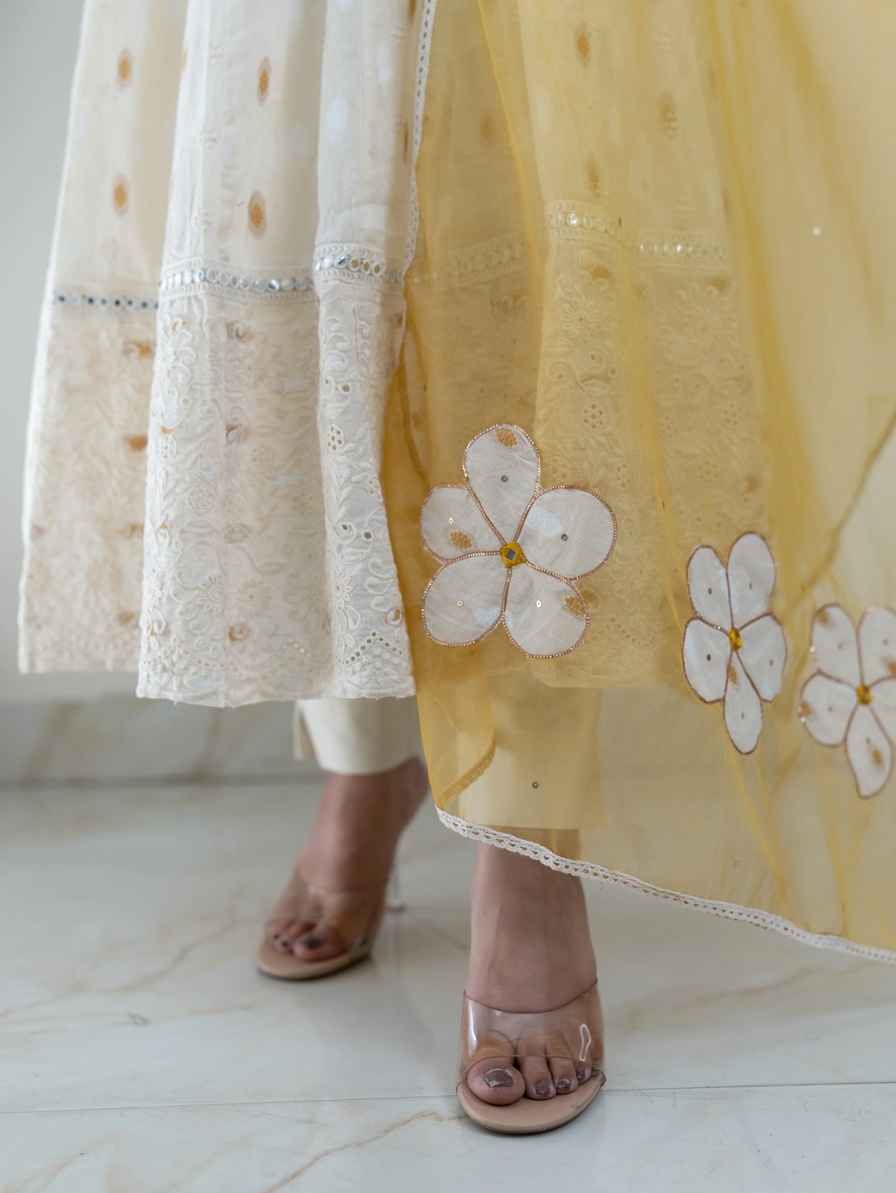 Amaisha Yellow Cotton Embroidered Anarkali with Applique Dupatta set - Image 9