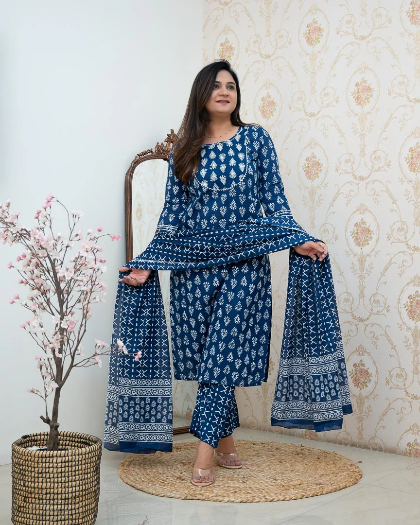 Bagru Cotton Embroidered Straight Pant Set - Image 4