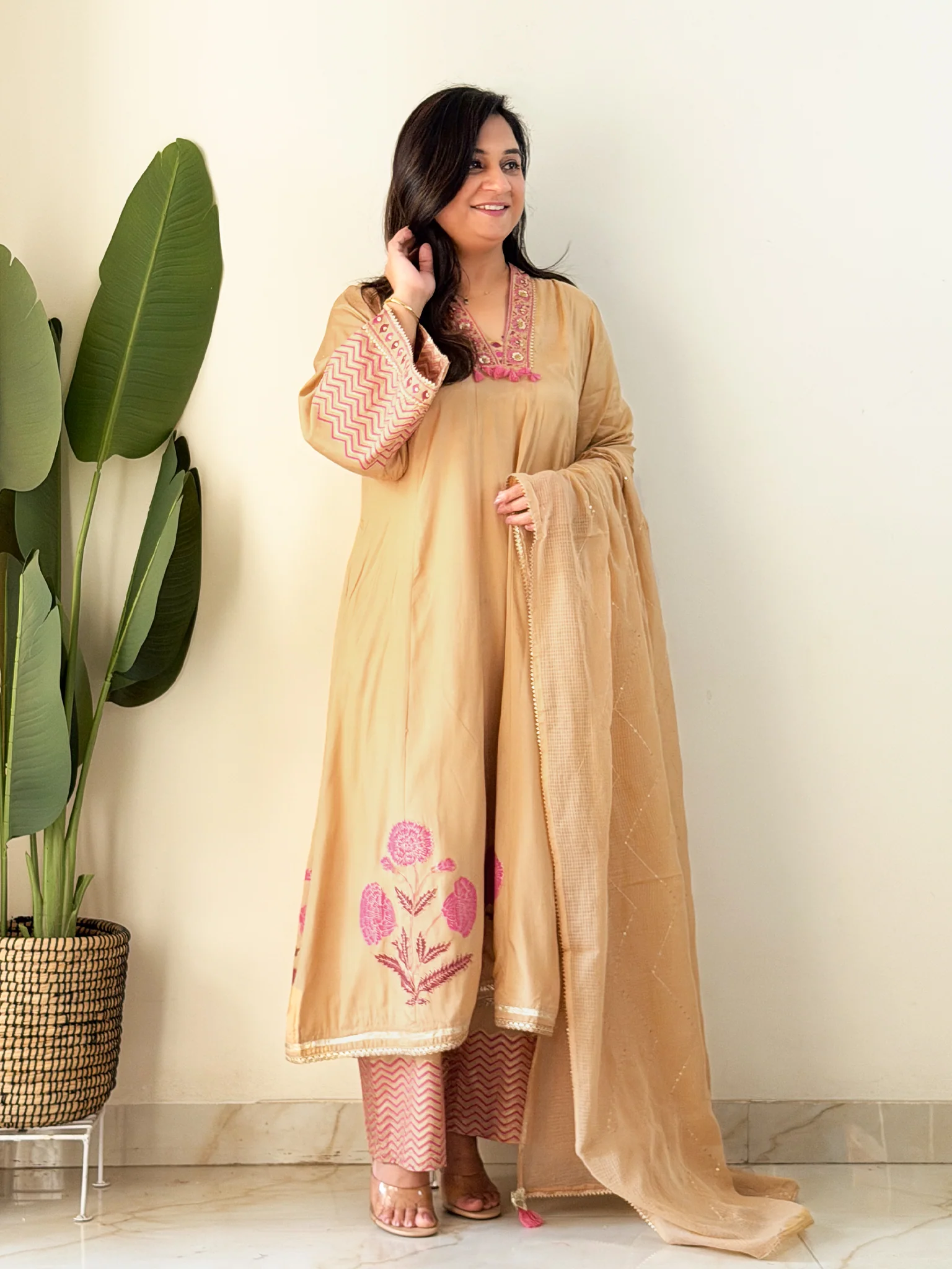 Jasmine Beige Muslin HandEmbroidered Anarkali Dupatta Set - Image 10
