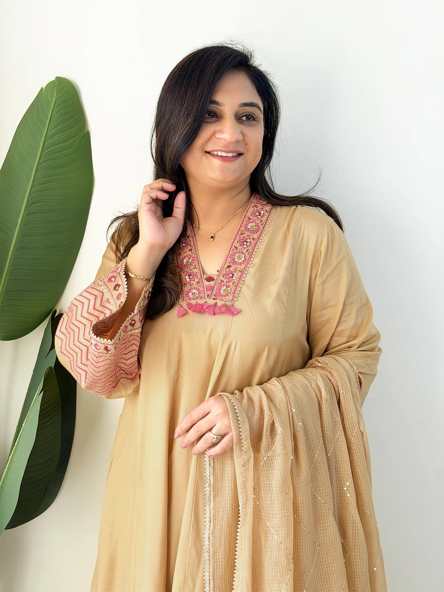 Jasmine Beige Muslin HandEmbroidered Anarkali Dupatta Set - Image 11