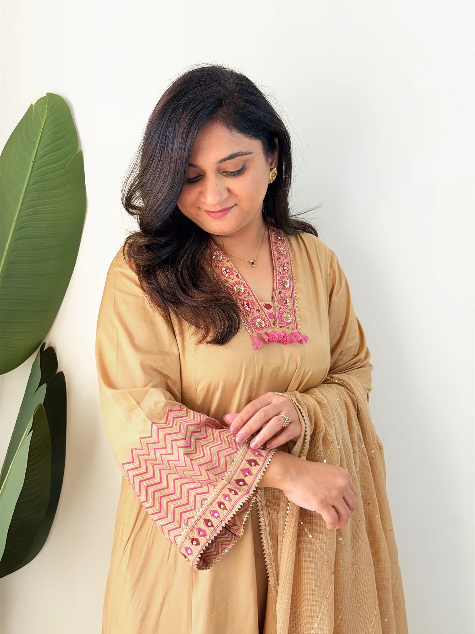 Jasmine Beige Muslin HandEmbroidered Anarkali Dupatta Set - Image 12