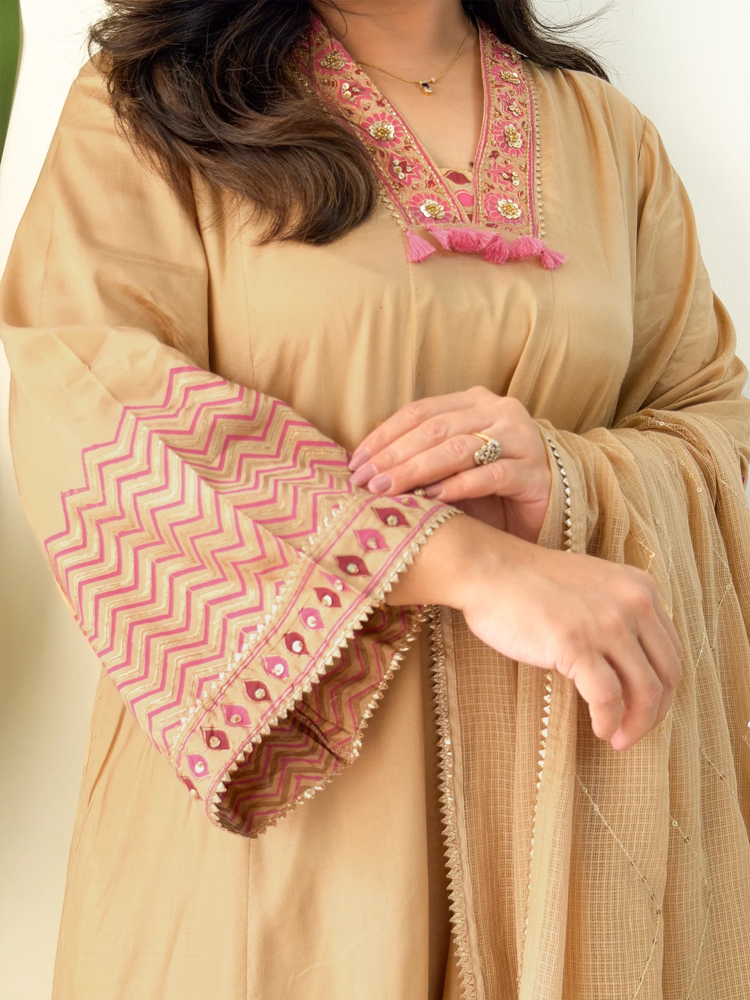 Jasmine Beige Muslin HandEmbroidered Anarkali Dupatta Set - Image 13