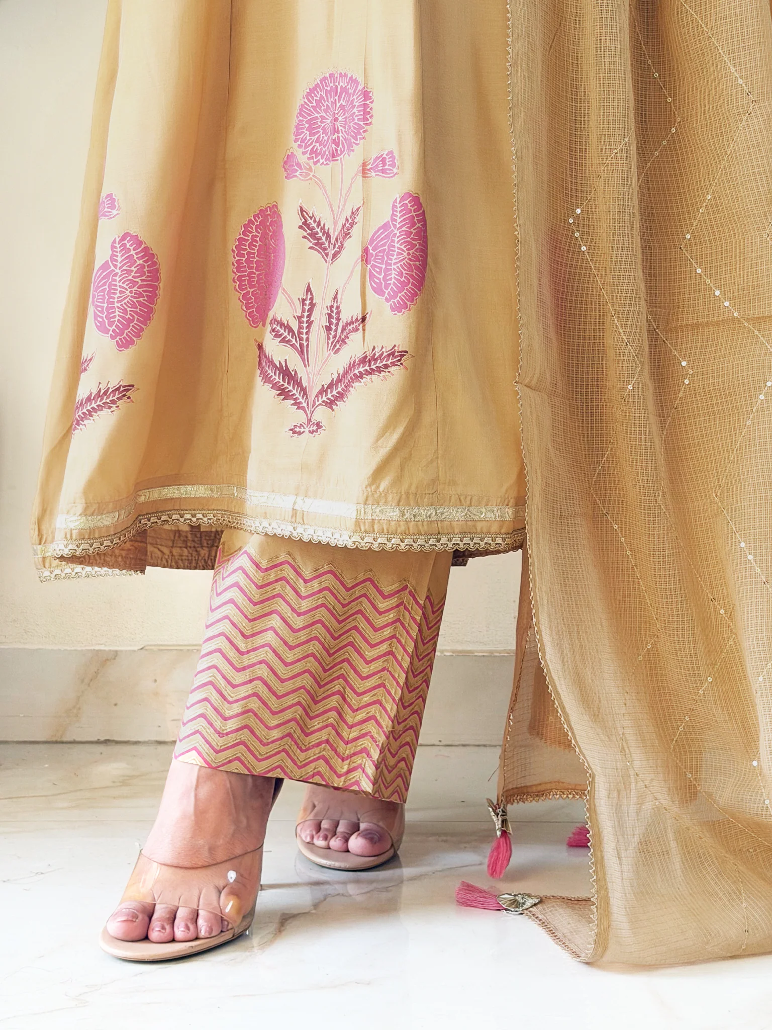 Jasmine Beige Muslin HandEmbroidered Anarkali Dupatta Set - Image 14