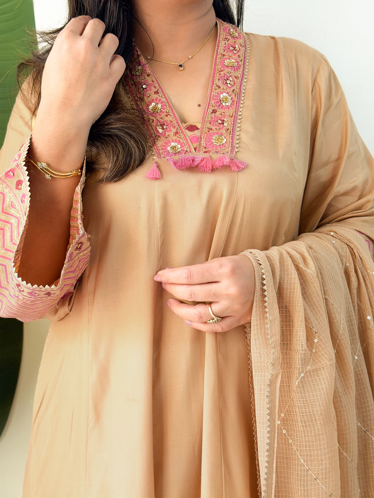 Jasmine Beige Muslin HandEmbroidered Anarkali Dupatta Set - Image 15