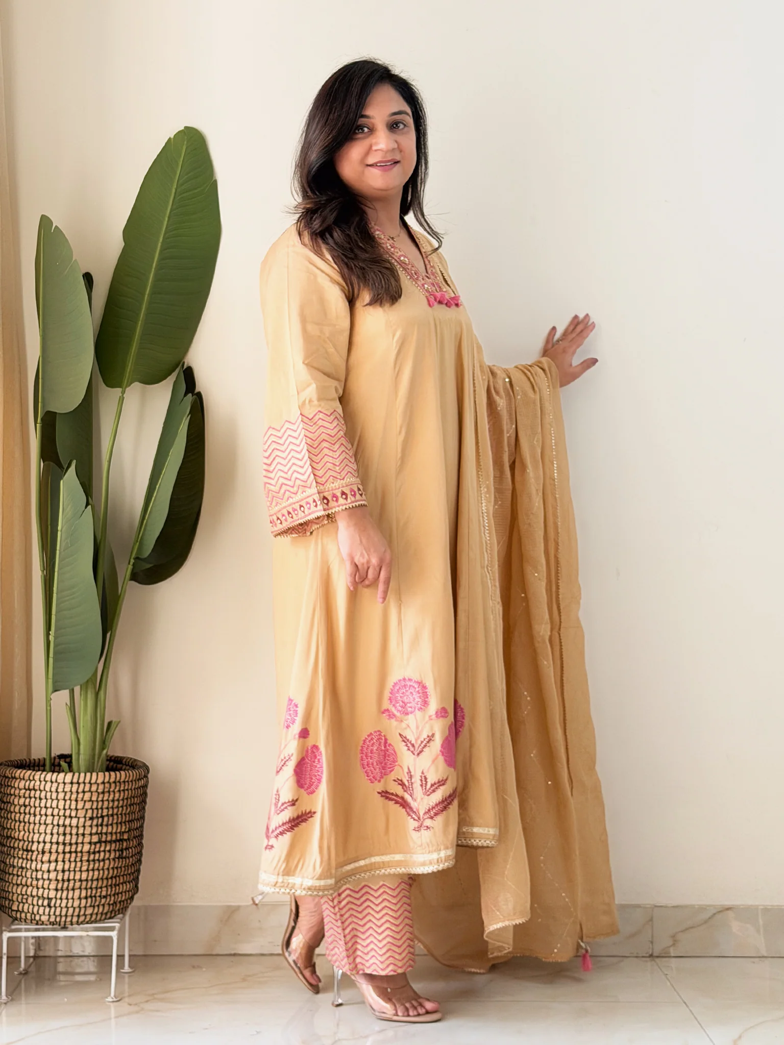 Jasmine Beige Muslin HandEmbroidered Anarkali Dupatta Set - Image 5