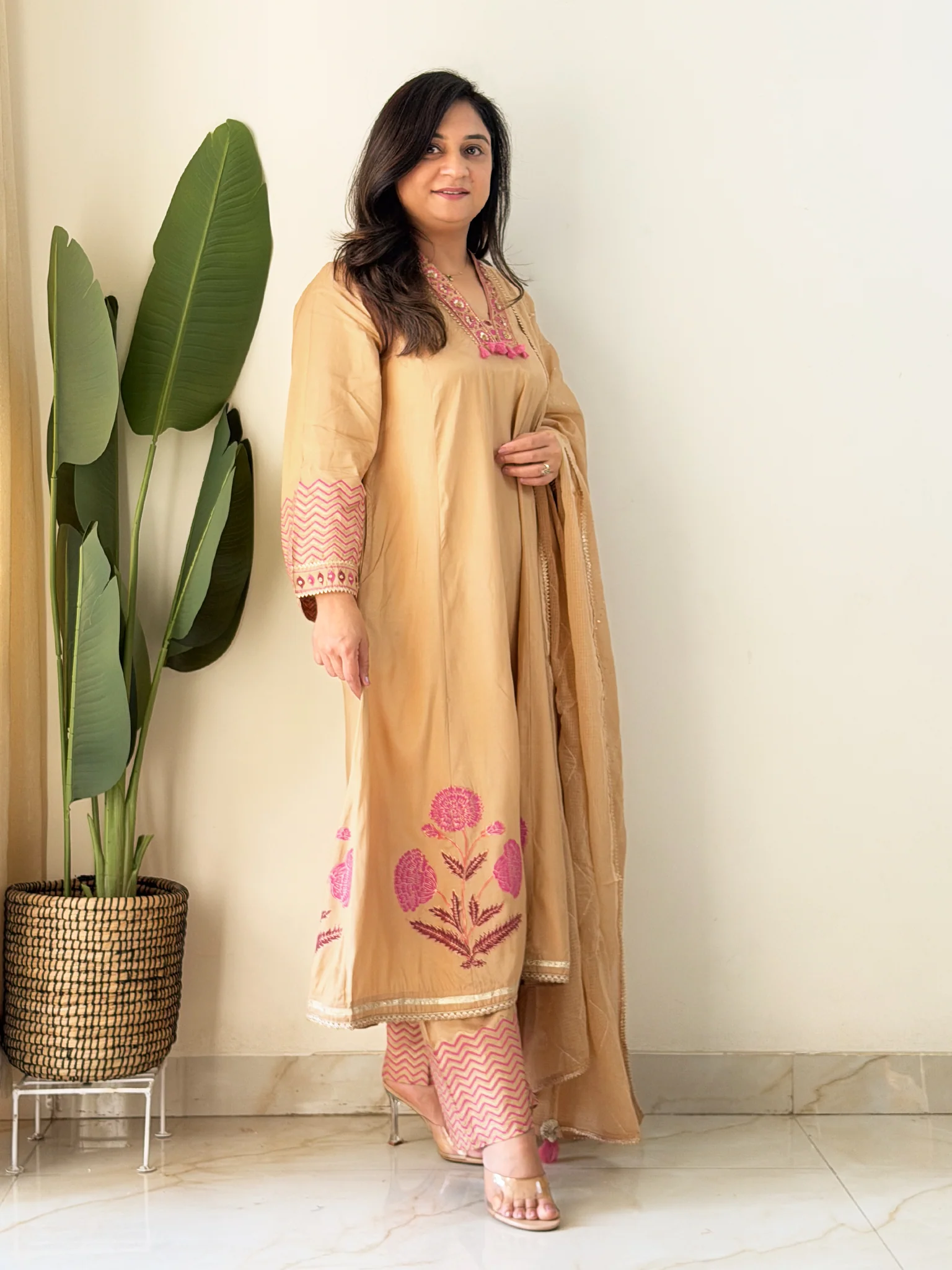 Jasmine Beige Muslin HandEmbroidered Anarkali Dupatta Set - Image 6