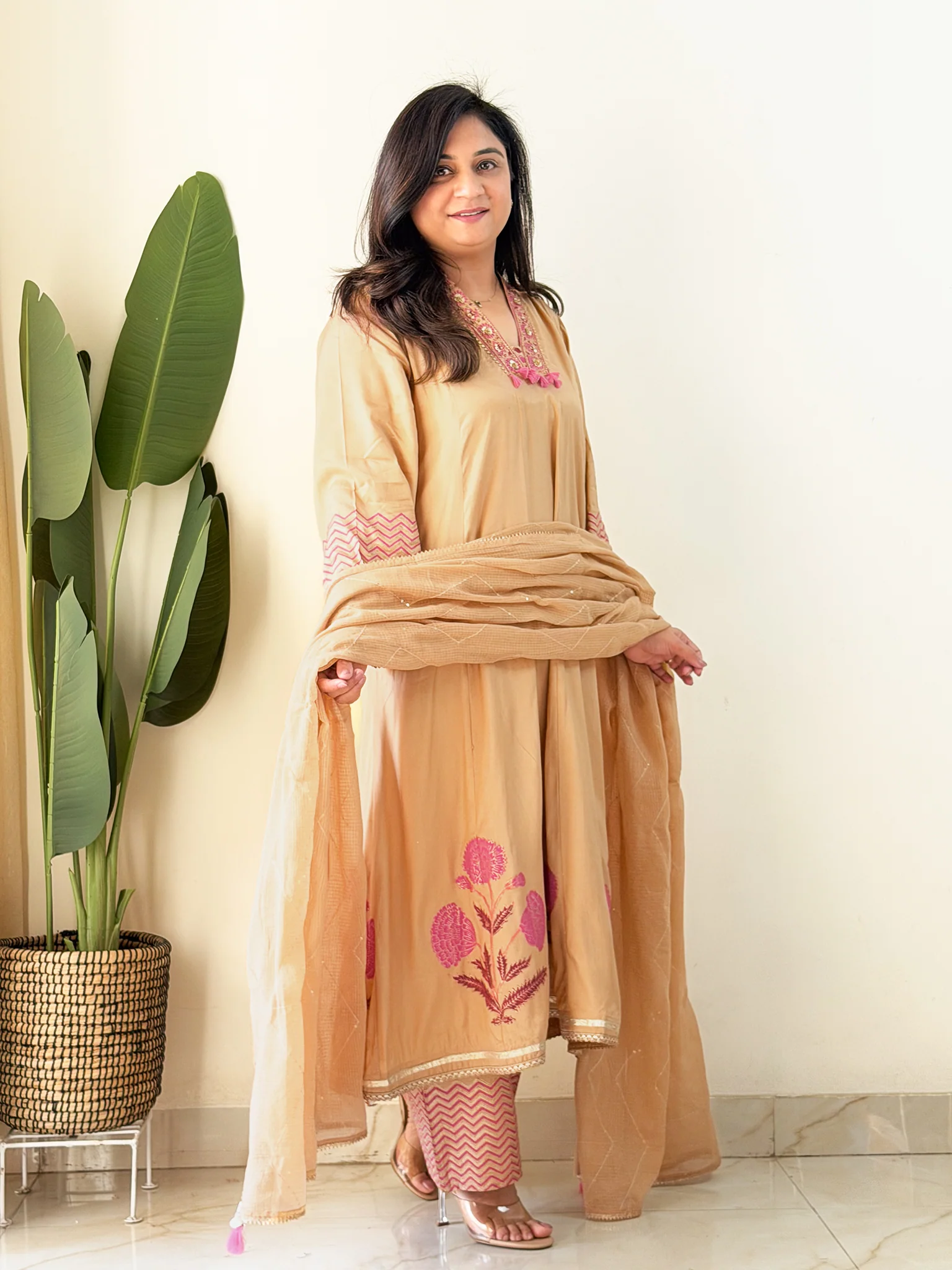 Jasmine Beige Muslin HandEmbroidered Anarkali Dupatta Set - Image 7