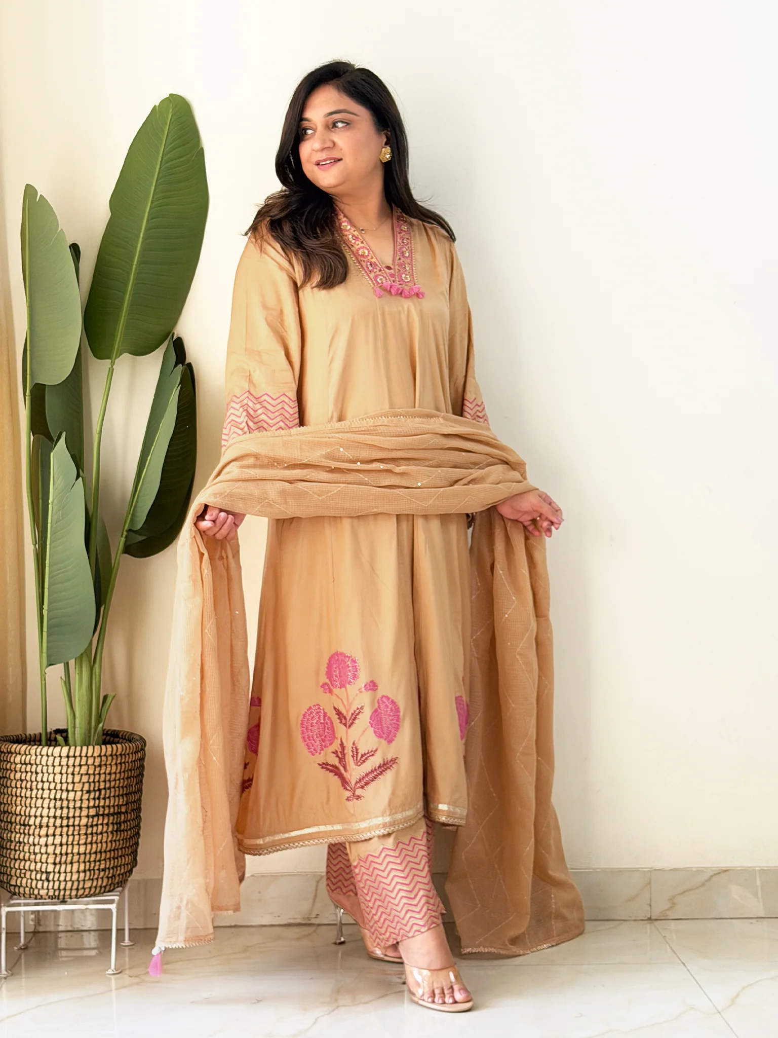 Jasmine Beige Muslin HandEmbroidered Anarkali Dupatta Set - Image 8