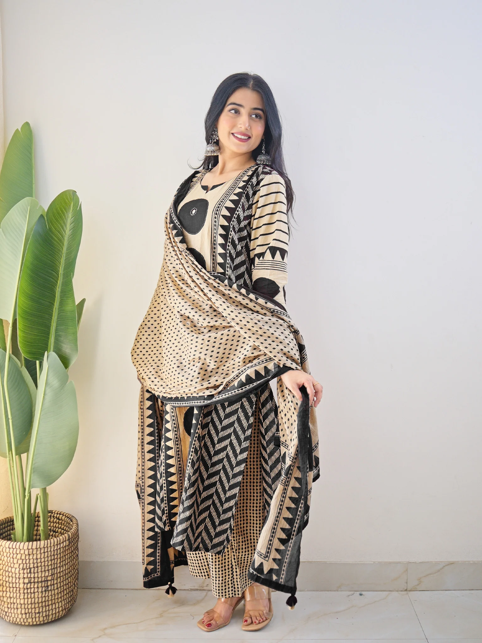 Harshi Black Cotton Ajrakh Katha Detailed Dupatta Set - Image 3