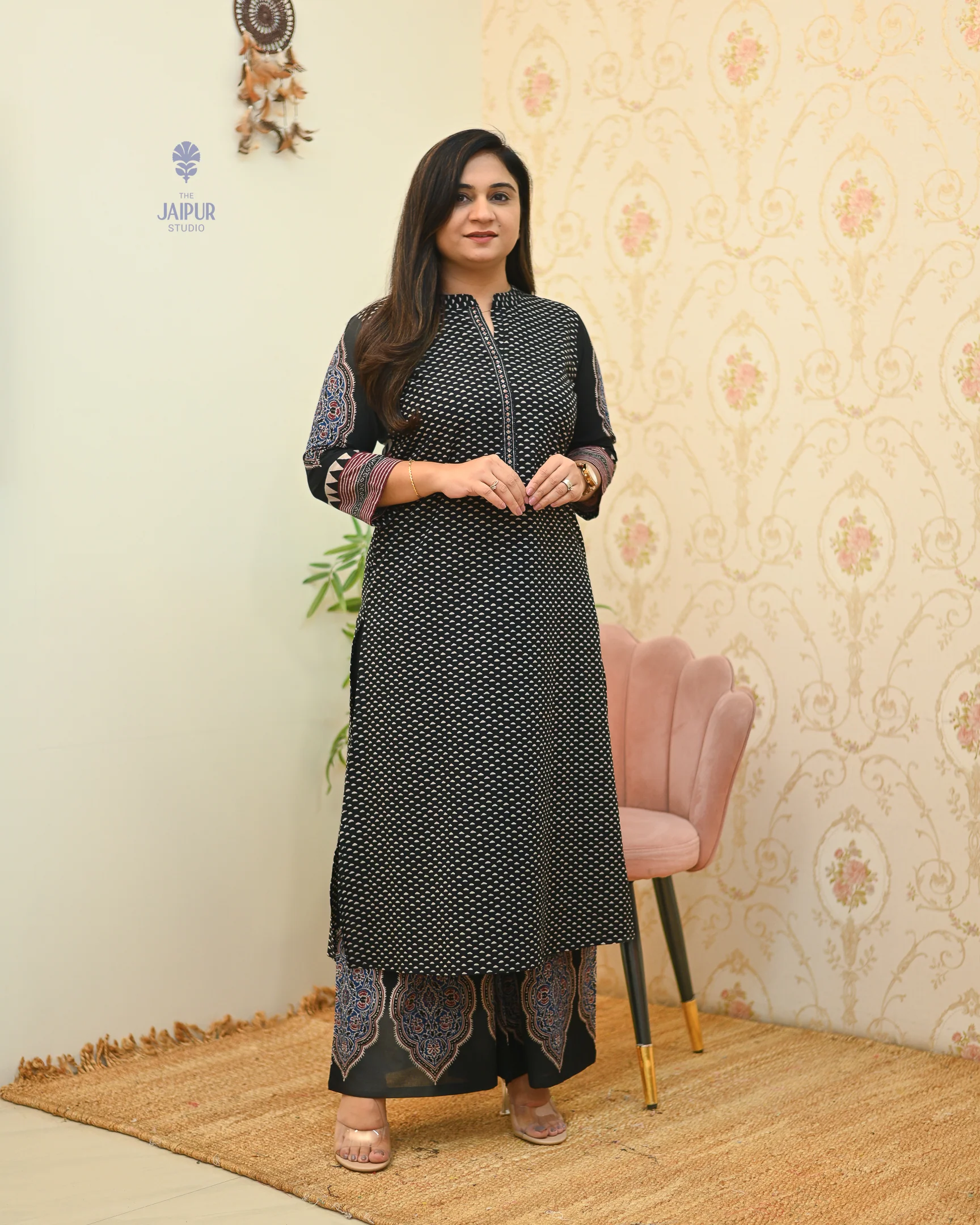 Black Handblock Embroidered Coord Set - Image 2