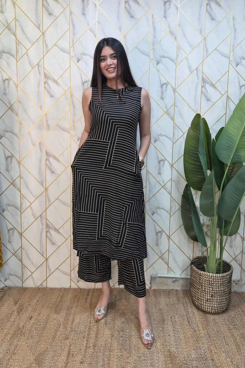 Black Rayon Strips Print A-line Coord Set - Image 5