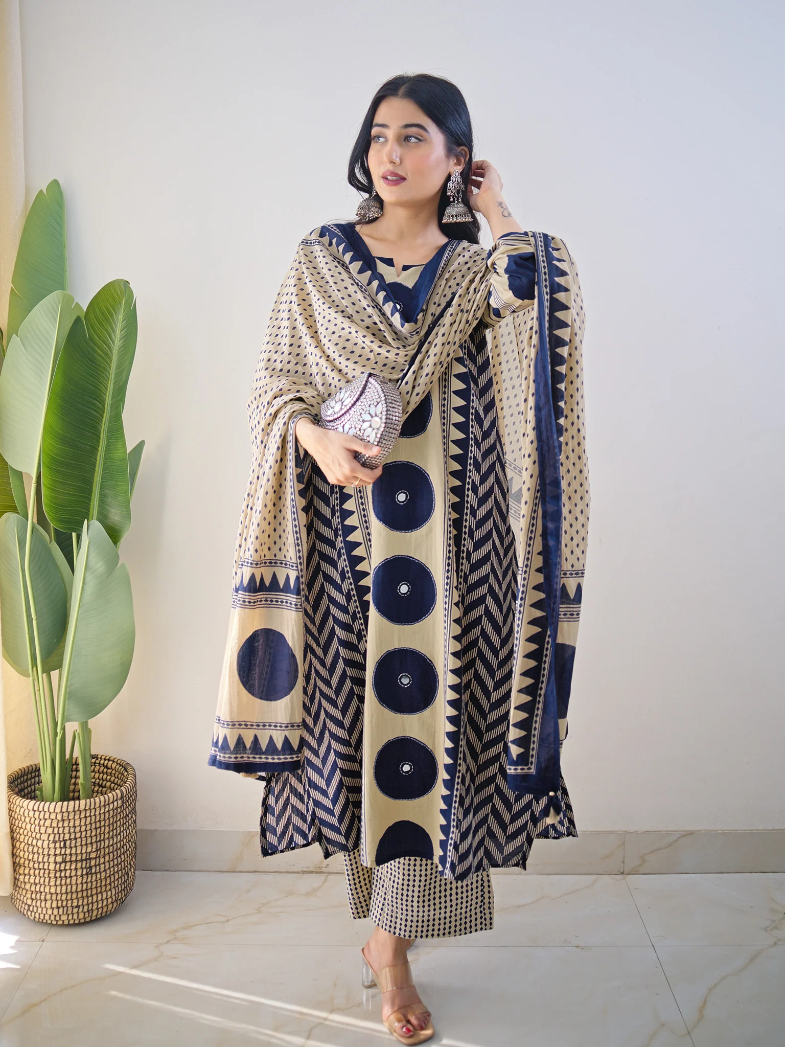Harshi Blue Cotton Ajrakh Katha Detailed Dupatta Set - Image 3