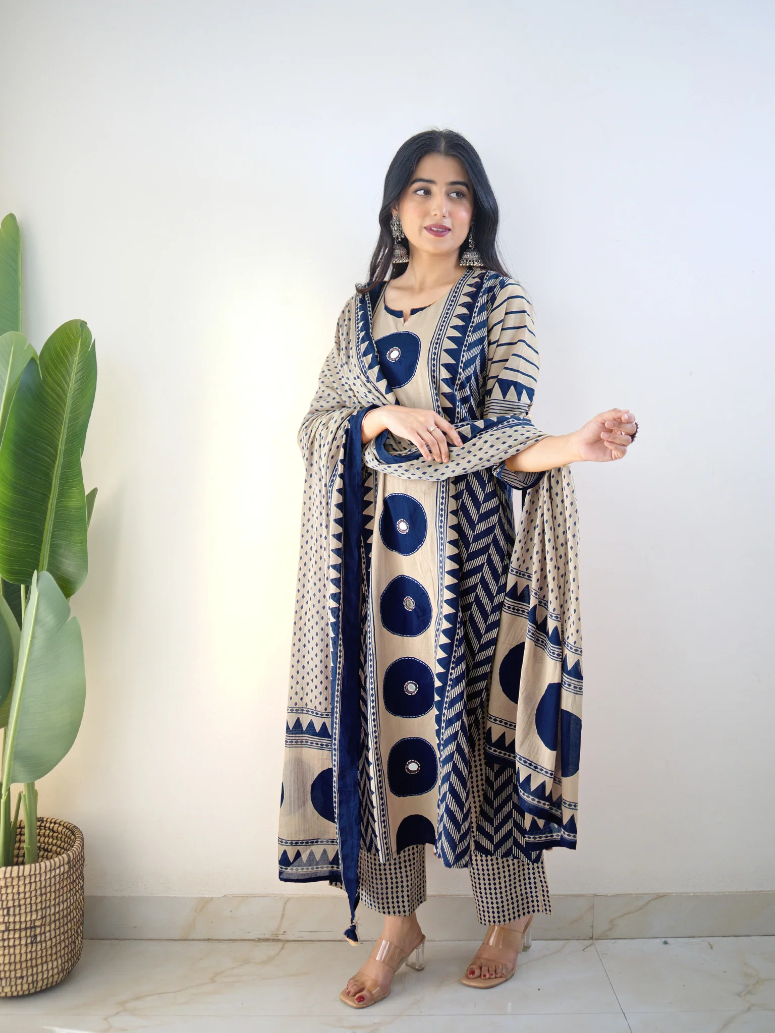 Harshi Blue Cotton Ajrakh Katha Detailed Dupatta Set - Image 6