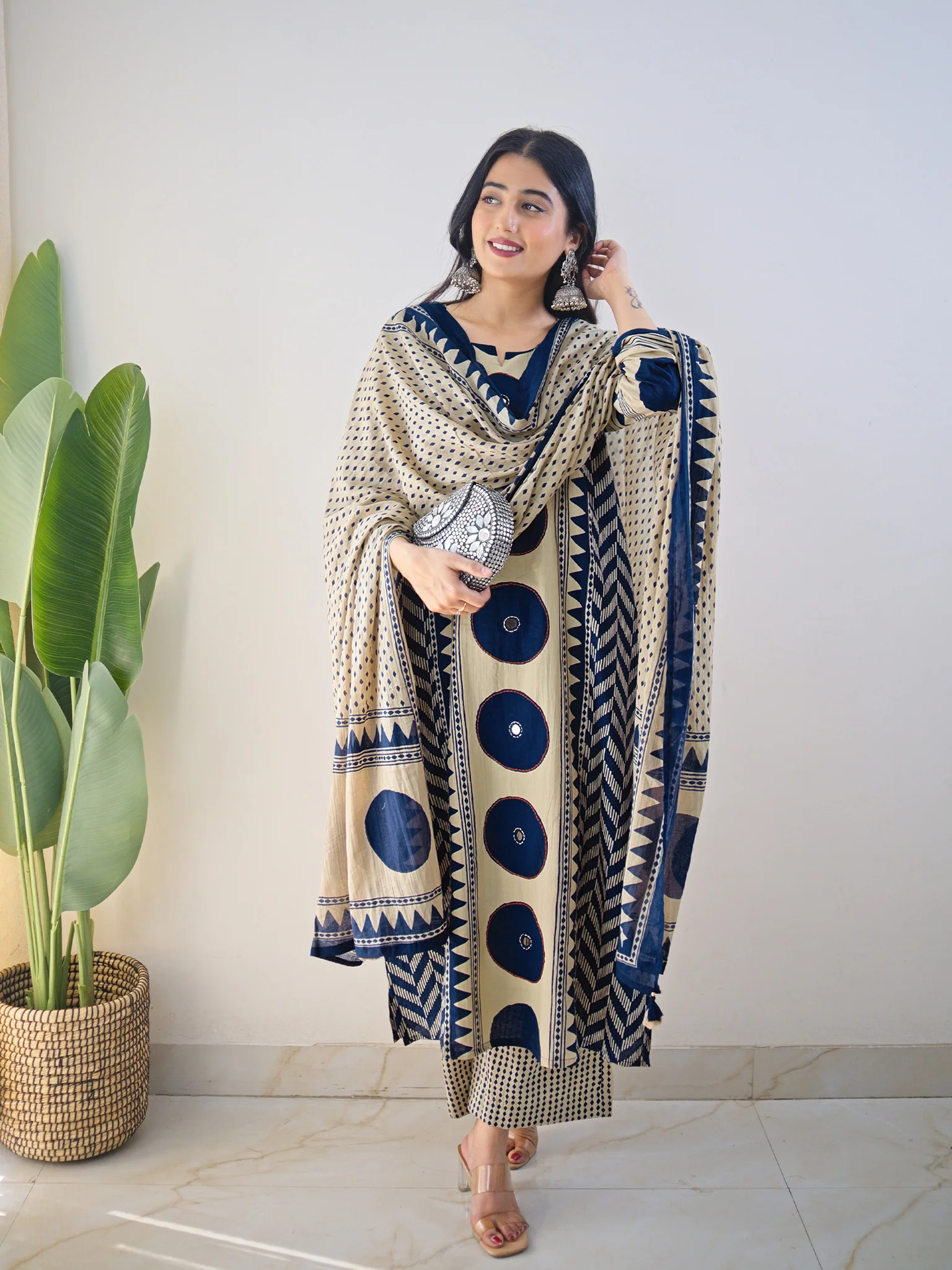 Harshi Blue Cotton Ajrakh Katha Detailed Dupatta Set - Image 7
