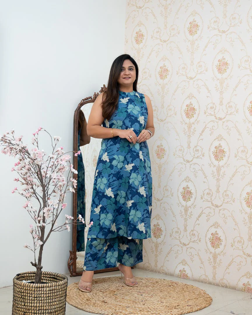 Blue Floral Rayon Printed Casual A-line Coord Set - Image 2