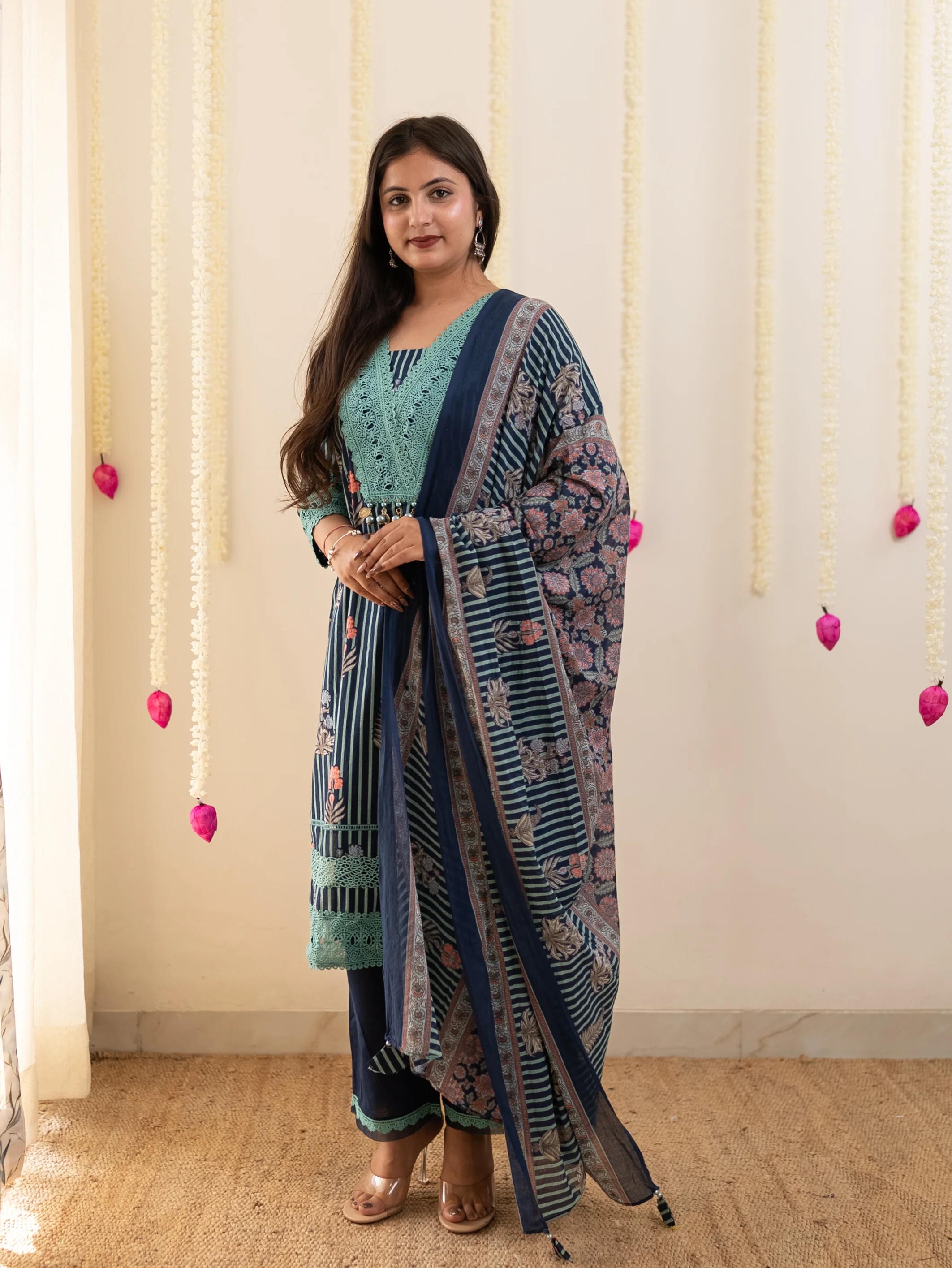 Tahira Blue Striped Cotton Lace Detailed Dupatta Set