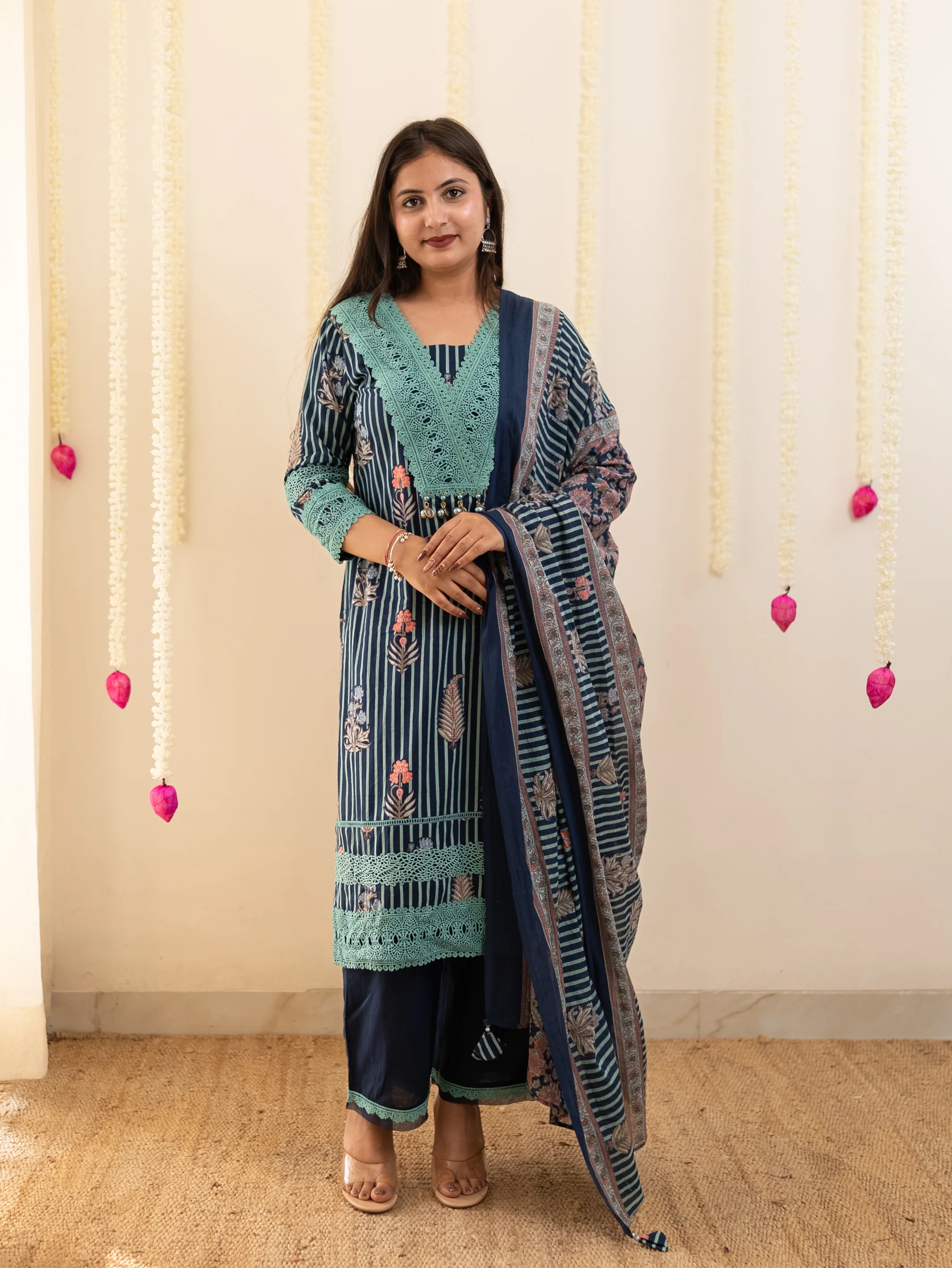 Tahira Blue Striped Cotton Lace Detailed Dupatta Set - Image 3