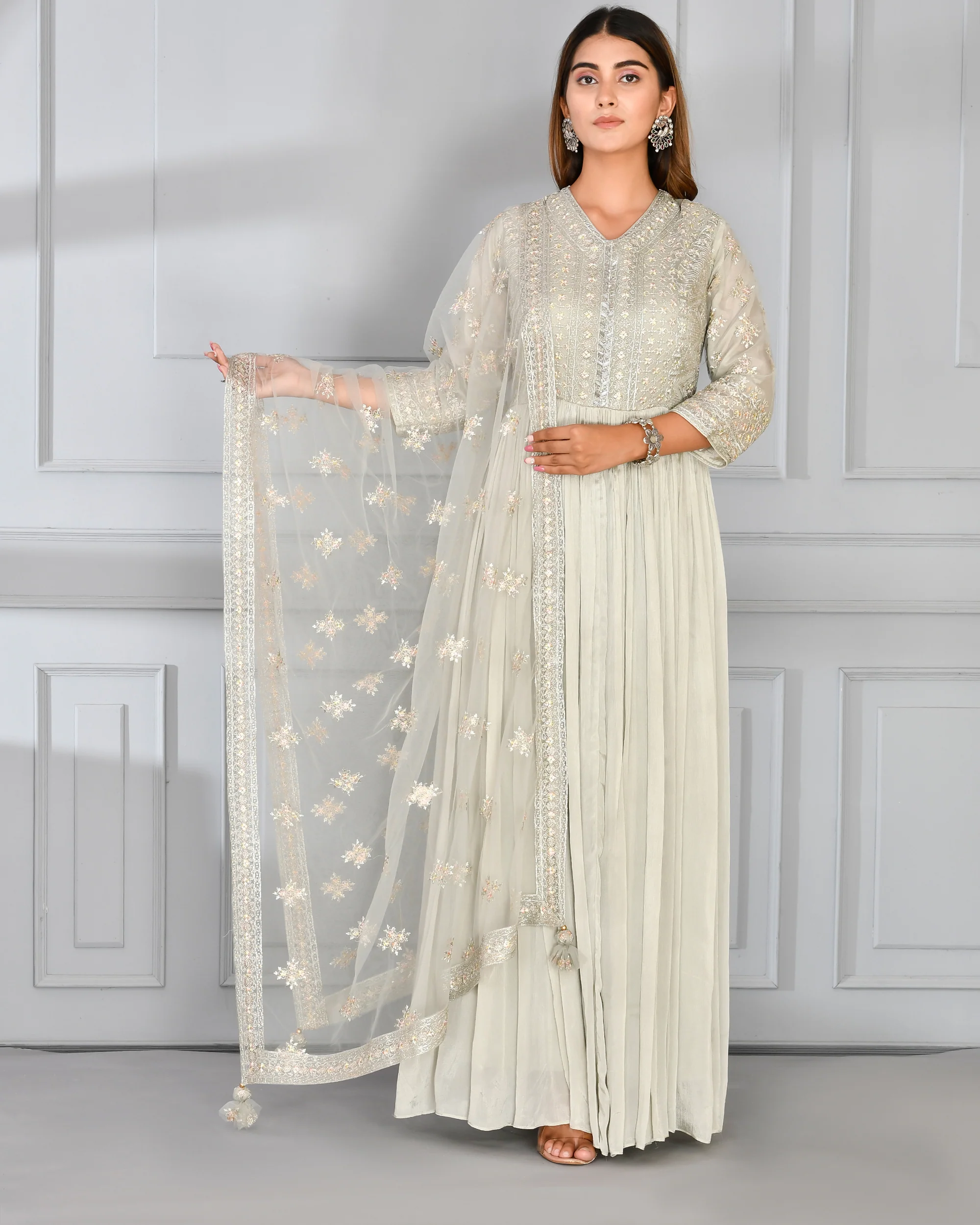 Chinnon Embroidered Long Gown with Dupatta - Image 10
