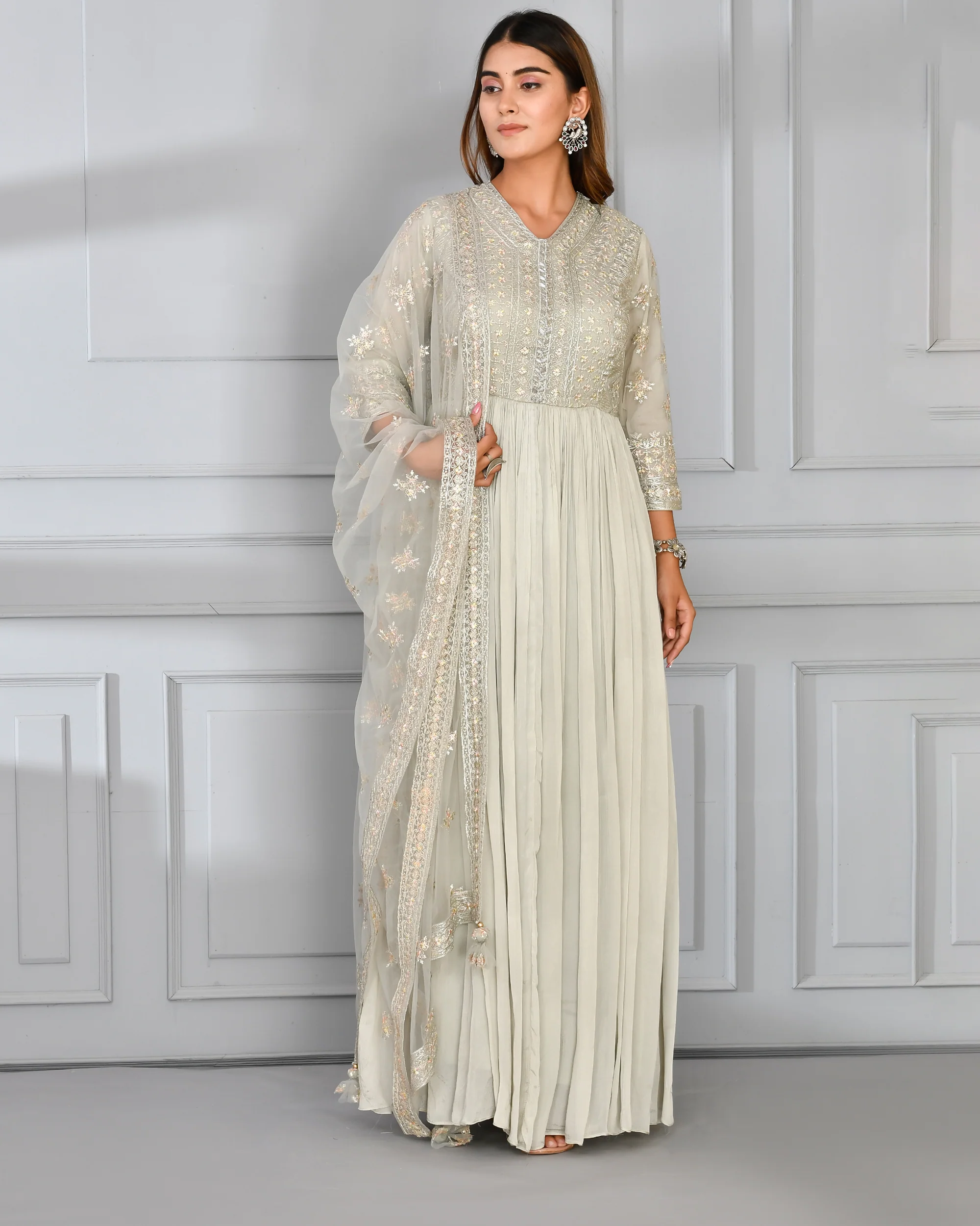 Chinnon Embroidered Long Gown with Dupatta - Image 11