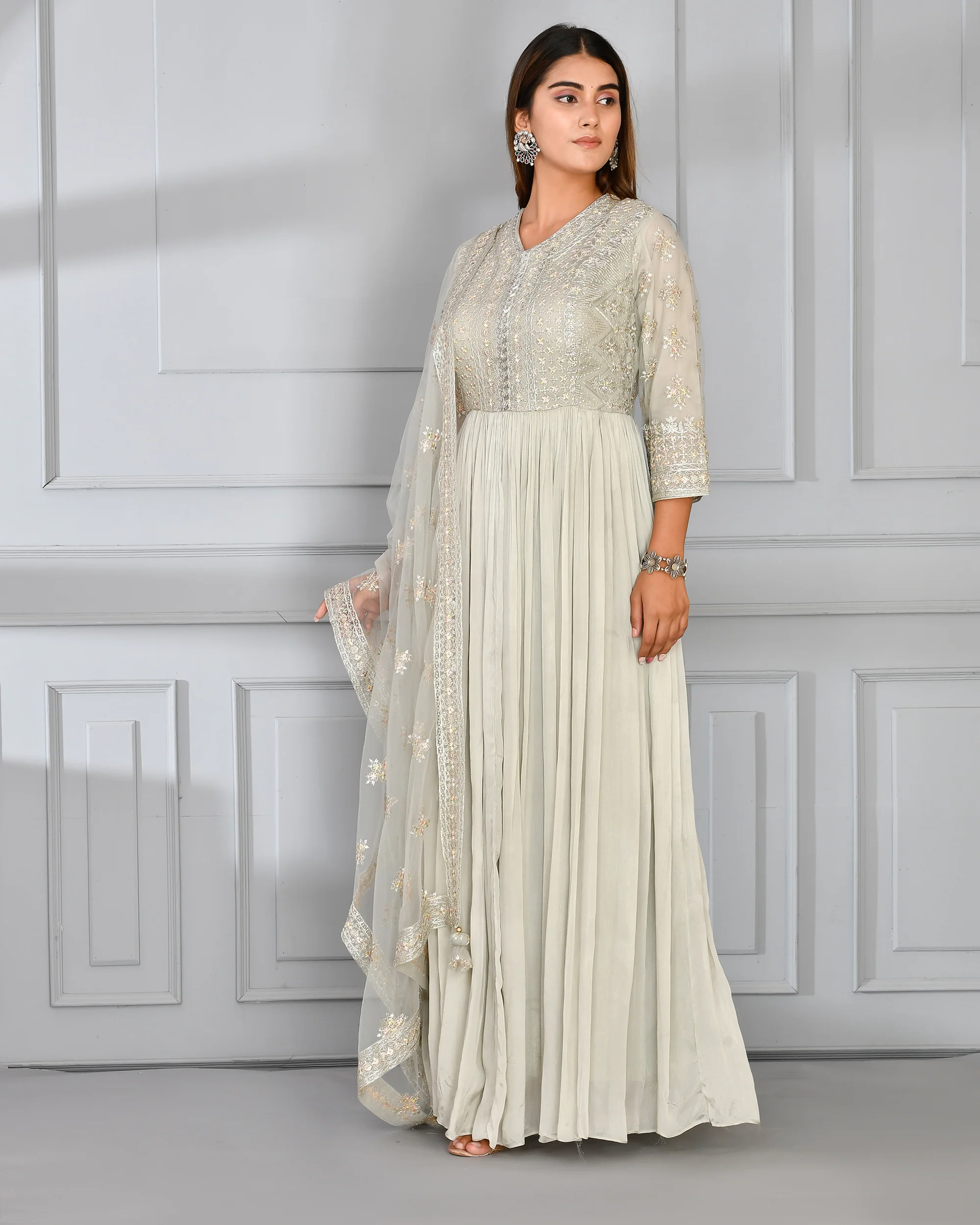Chinnon Embroidered Long Gown with Dupatta - Image 12