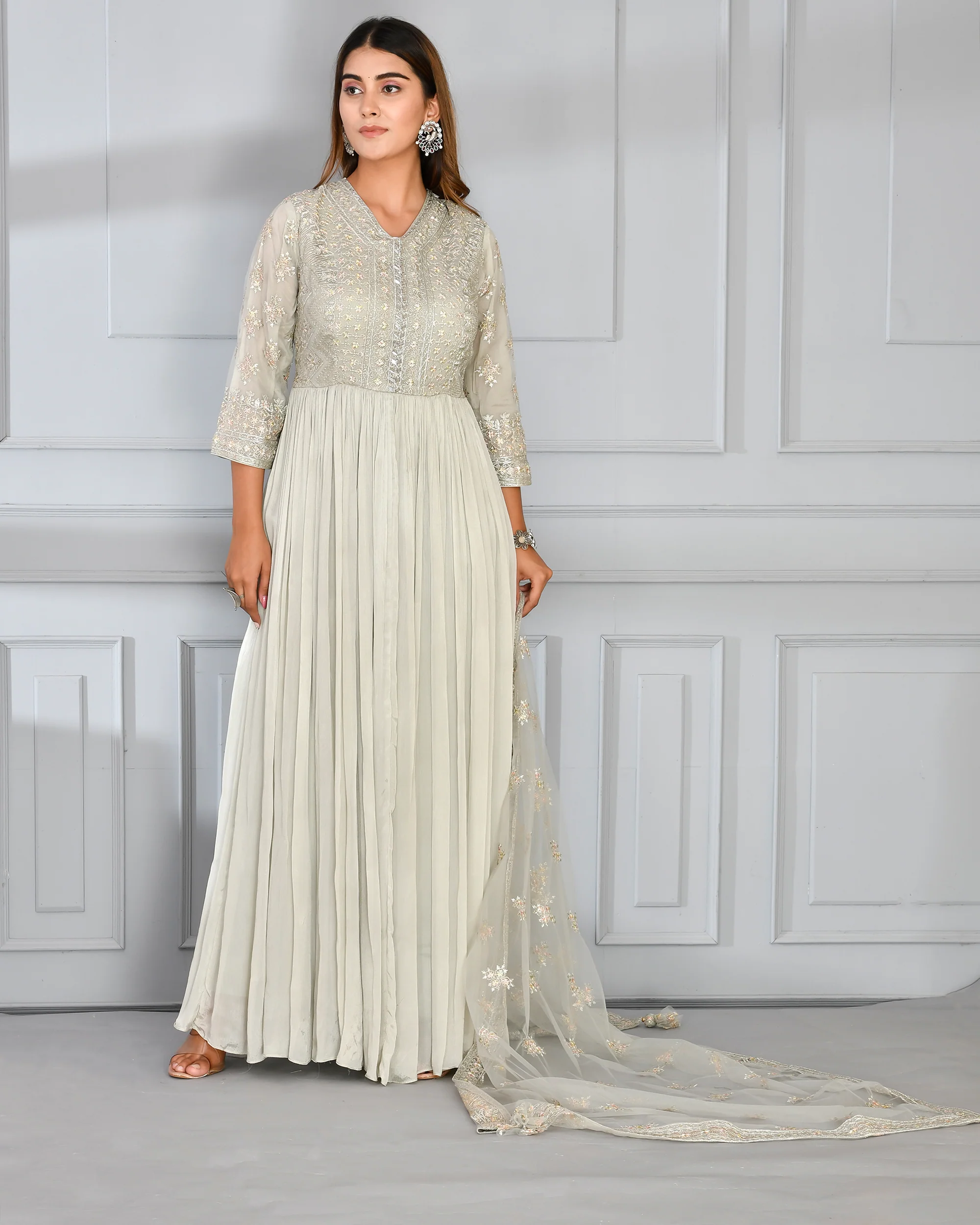 Chinnon Embroidered Long Gown with Dupatta - Image 13