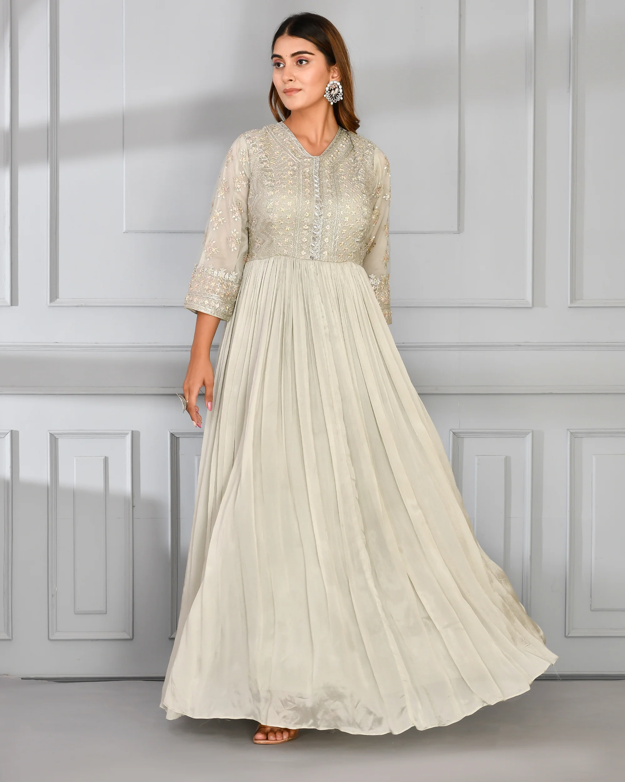 Chinnon Embroidered Long Gown with Dupatta - Image 4