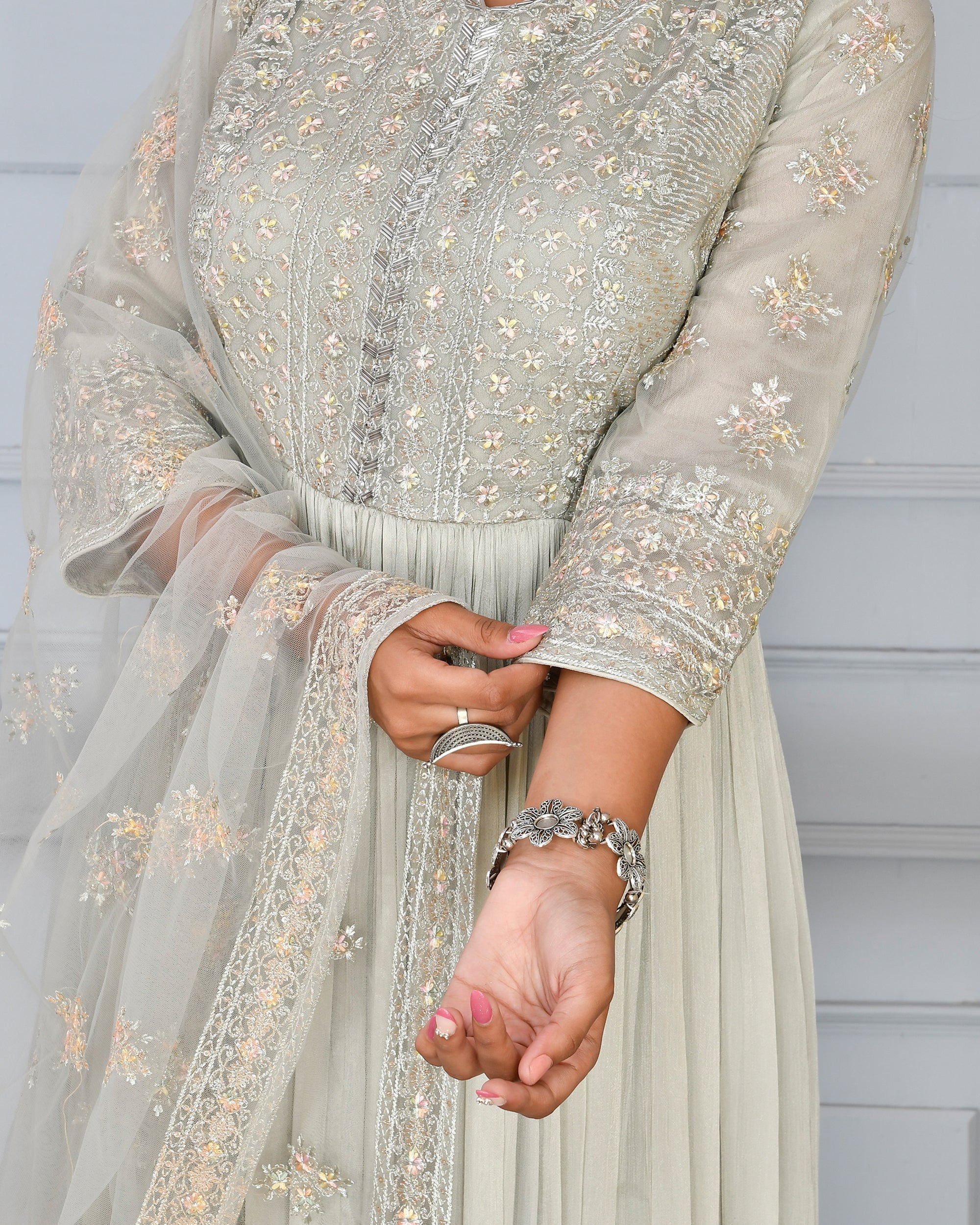 Chinnon Embroidered Long Gown with Dupatta - Image 5
