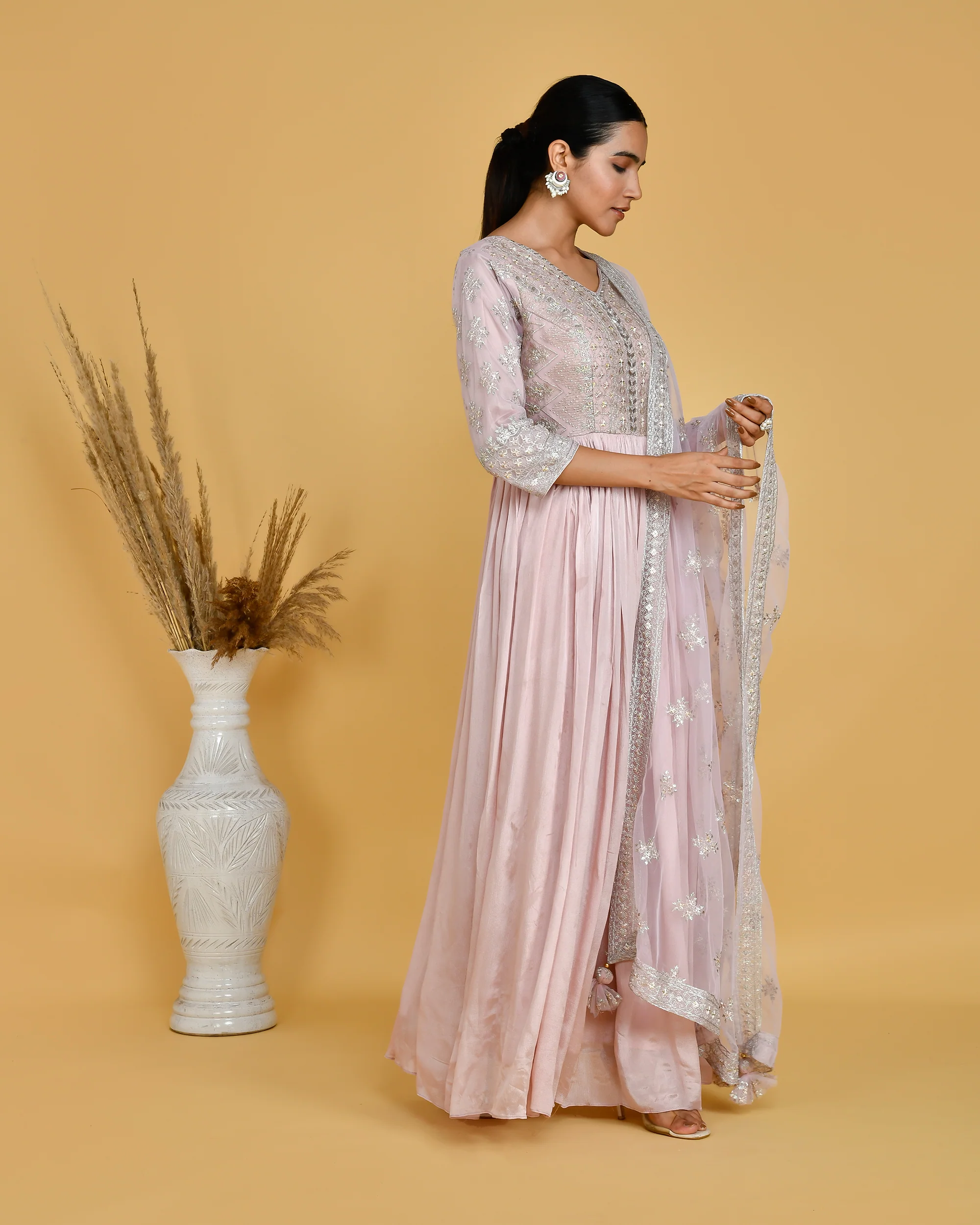 Chinnon Embroidered Long Gown with Dupatta - Image 7