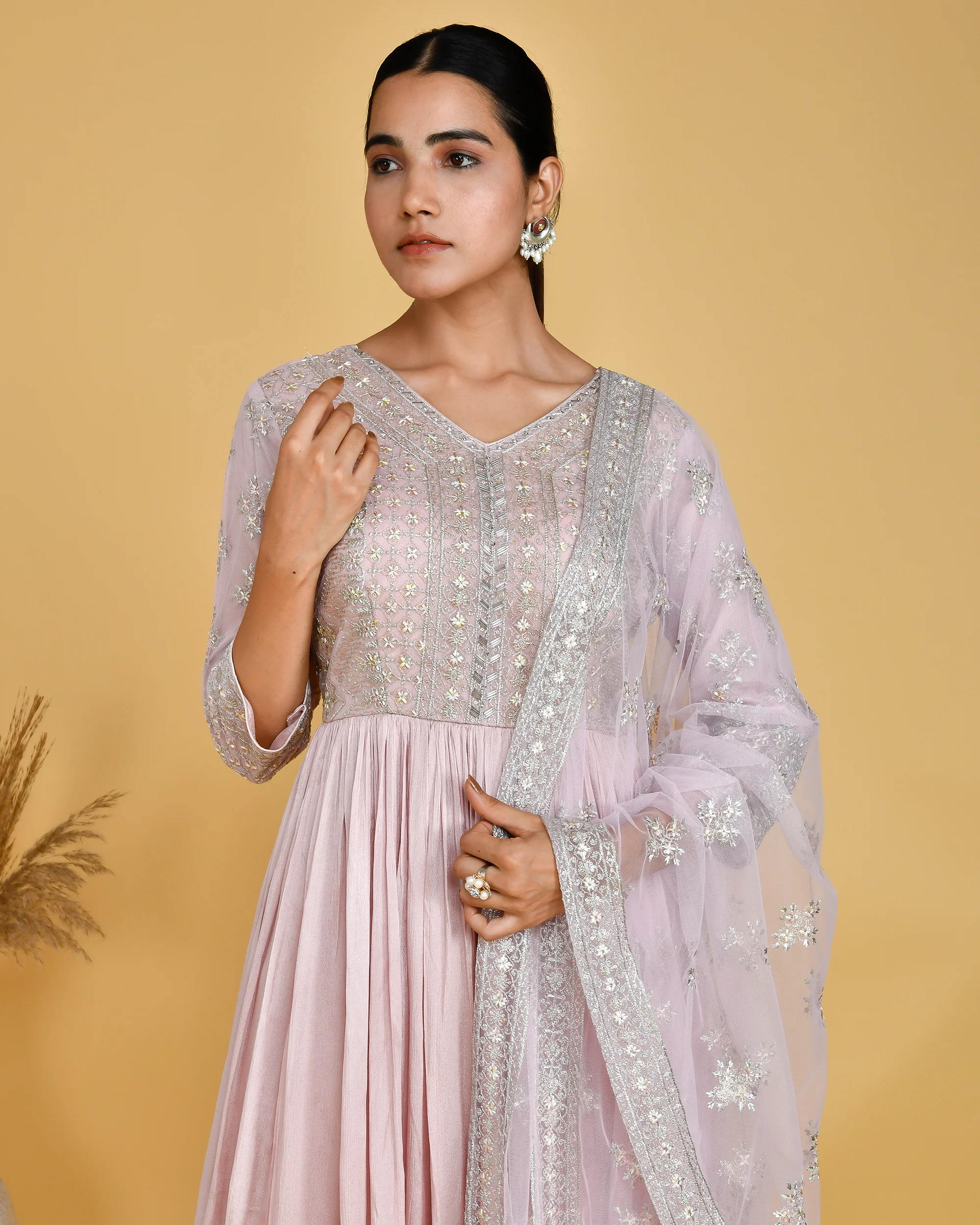 Chinnon Embroidered Long Gown with Dupatta - Image 8