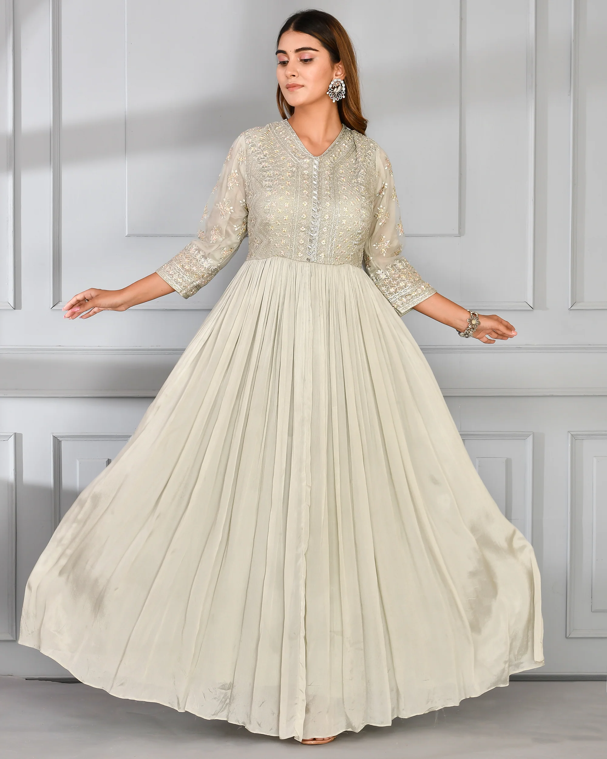 Chinnon Embroidered Long Gown with Dupatta - Image 9