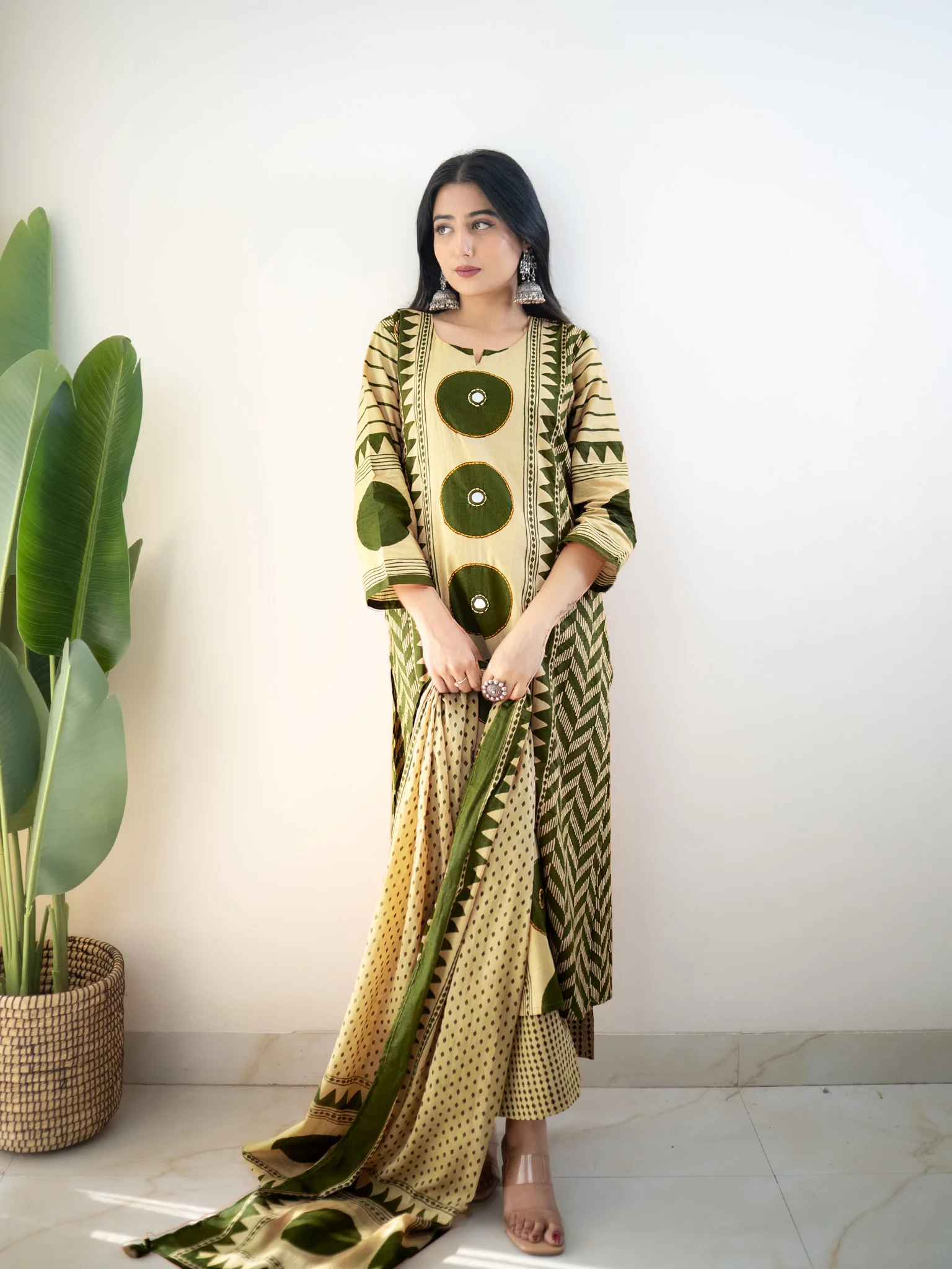 Harshi Green Cotton Ajrakh Katha Detailed Dupatta Set - Image 3