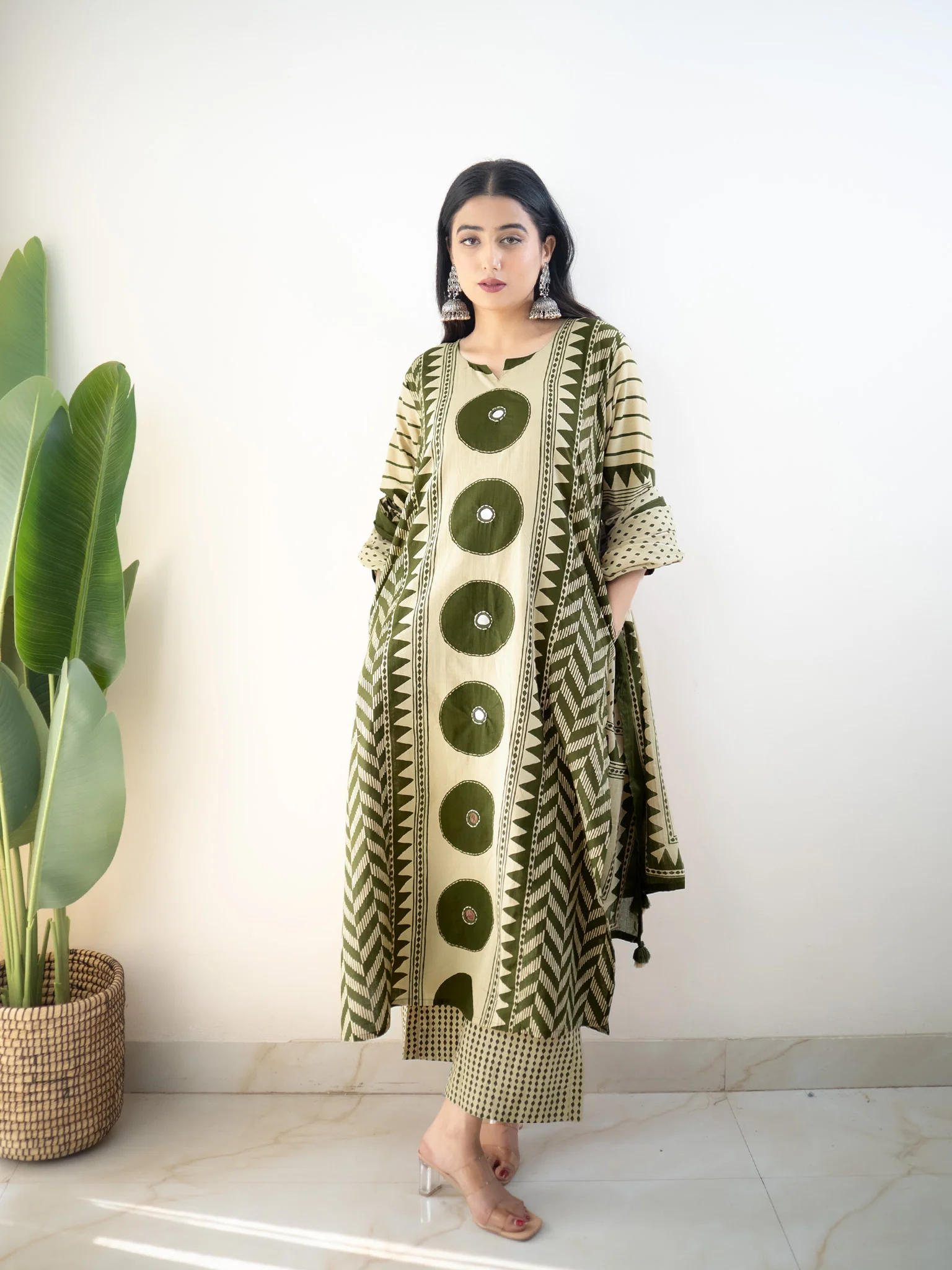 Harshi Green Cotton Ajrakh Katha Detailed Dupatta Set - Image 4
