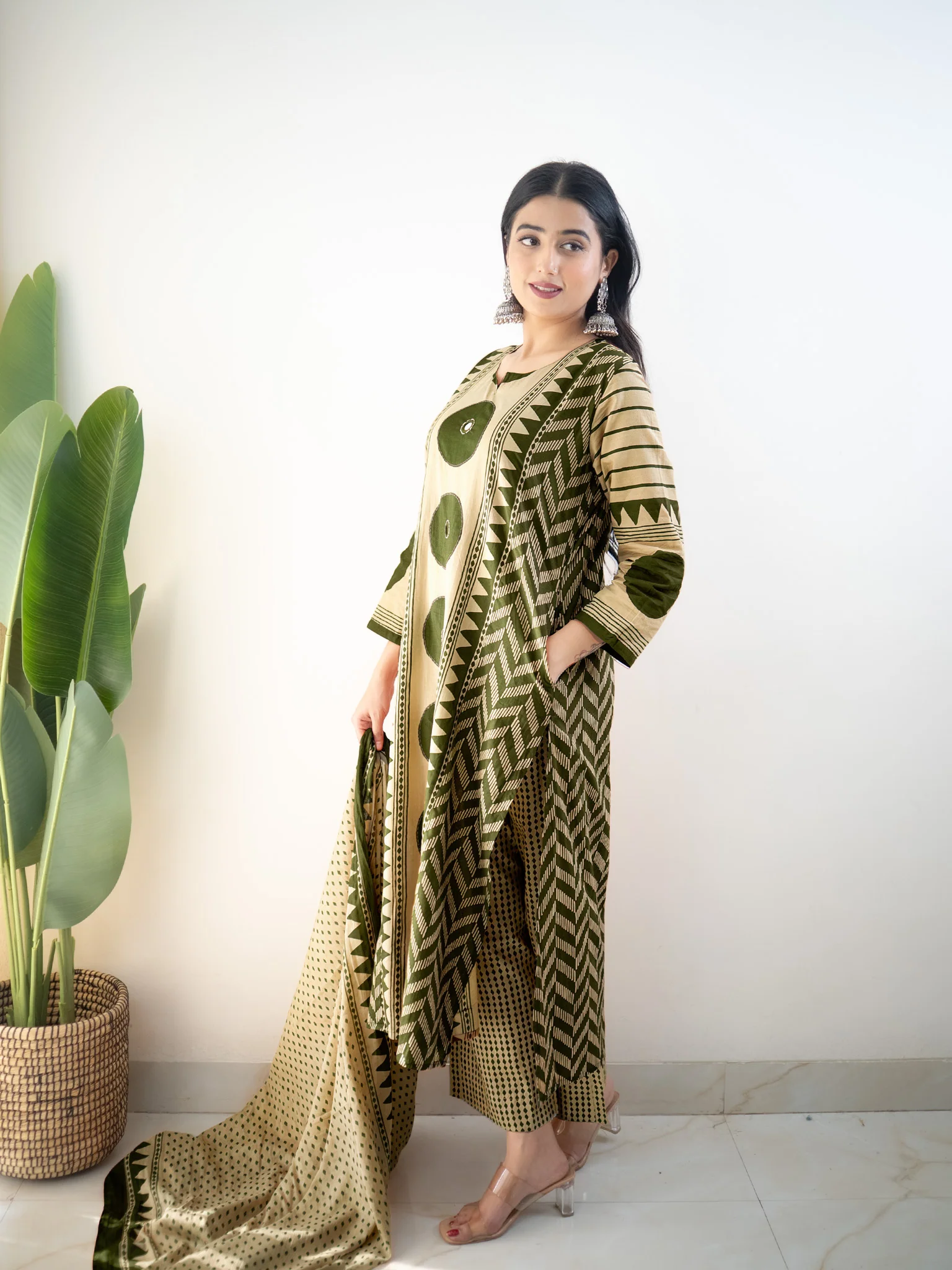 Harshi Green Cotton Ajrakh Katha Detailed Dupatta Set - Image 5