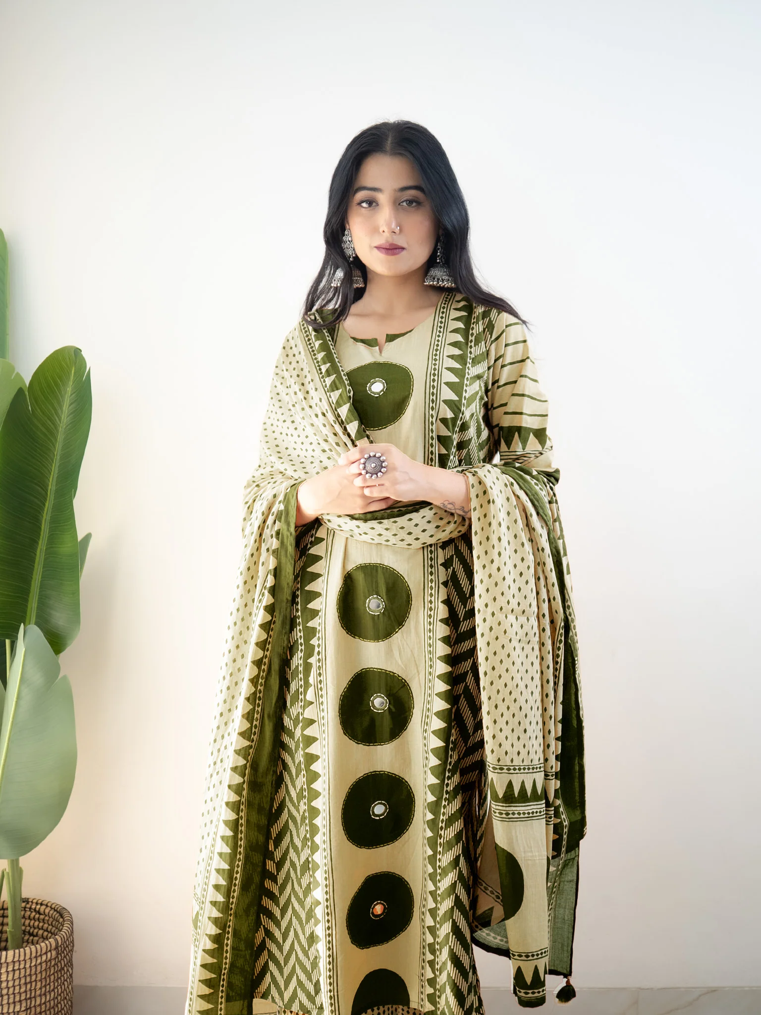 Harshi Green Cotton Ajrakh Katha Detailed Dupatta Set - Image 6