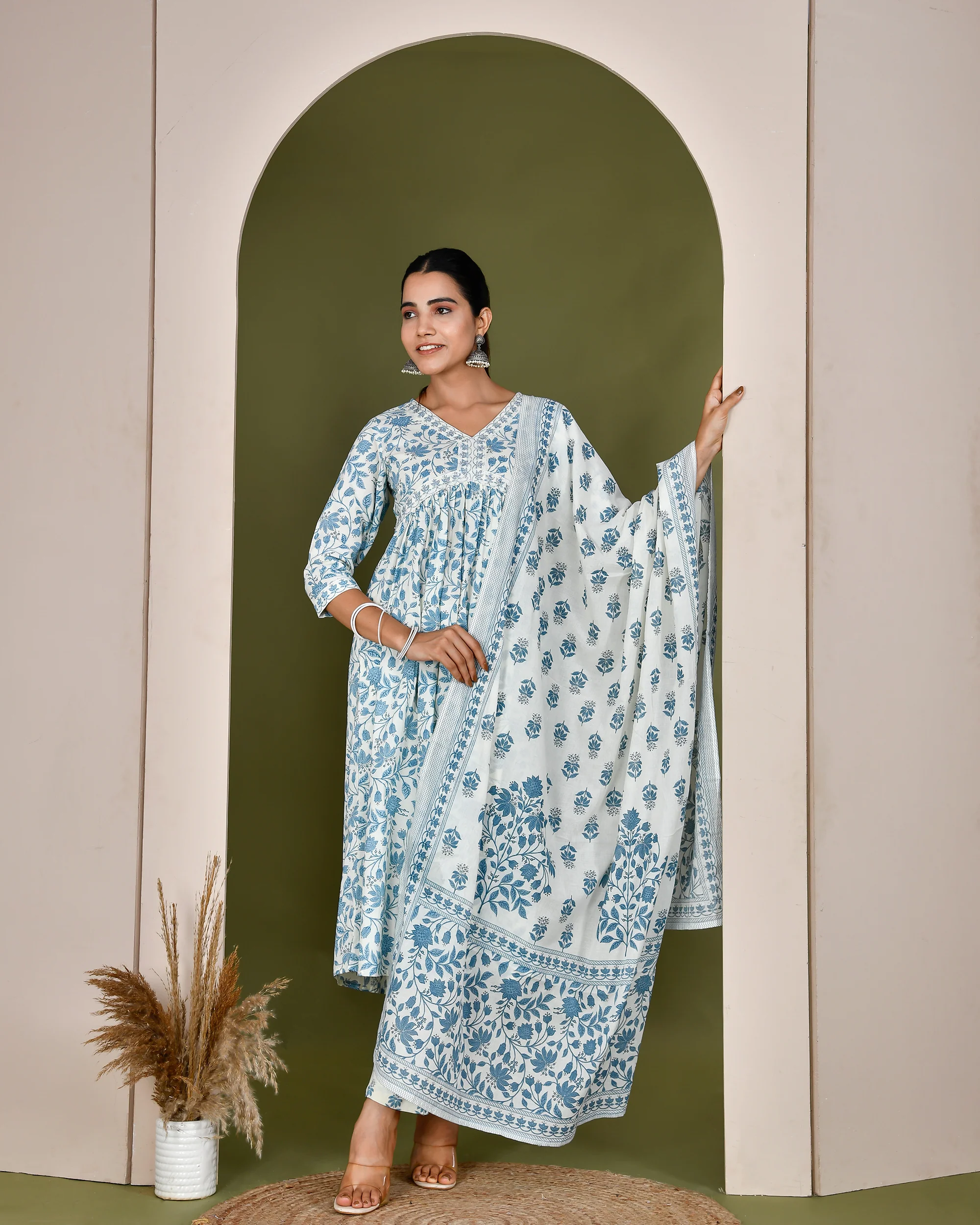 Cotton Alia cut embroidered casual pant set Blue - Image 3