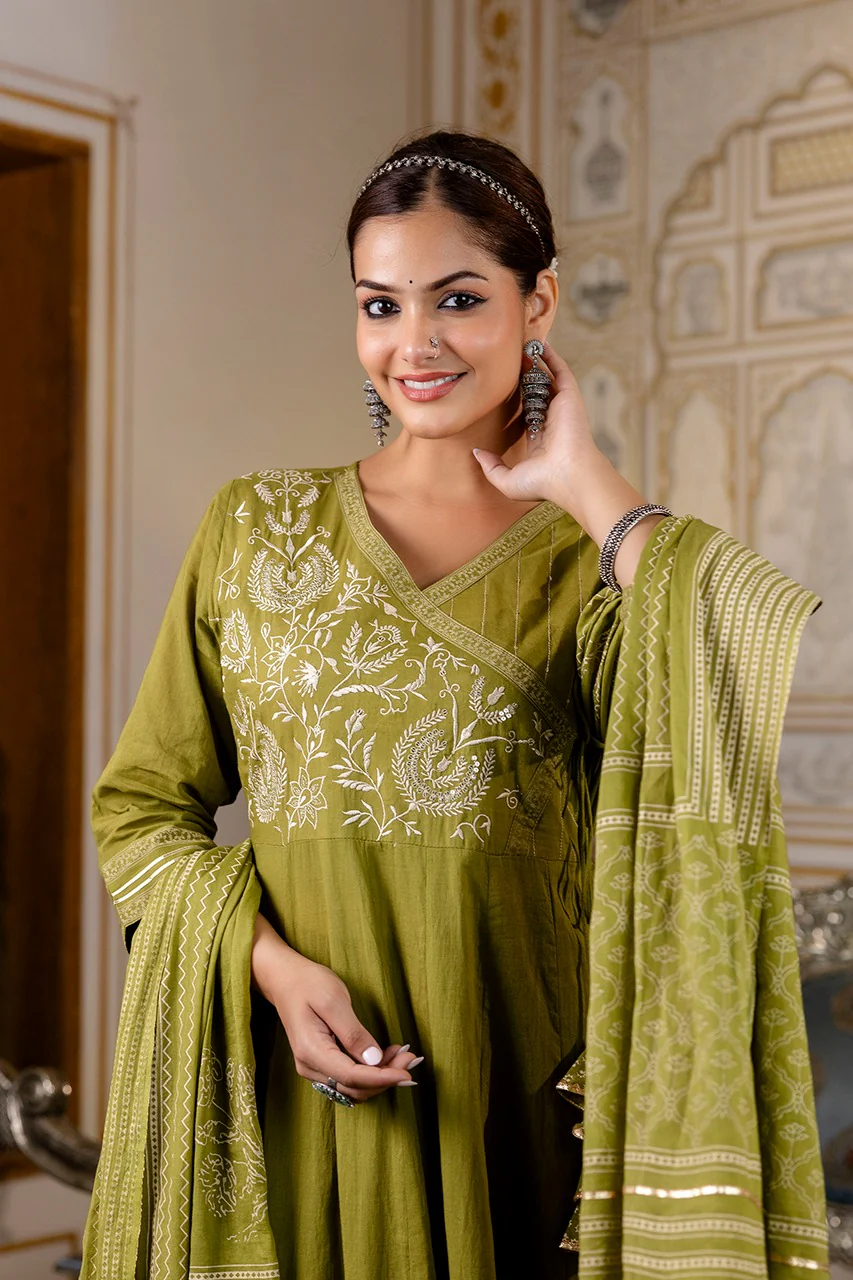 Cotton Angrakha Embroidered Festive Anarkali Set - Image 15