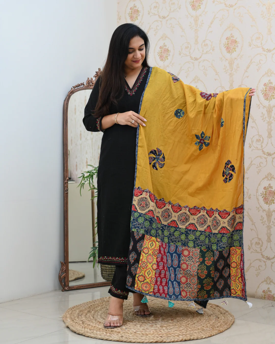 Cotton Embroidered Pant Set with Ajrakh Appliqué Dupatta - Image 17