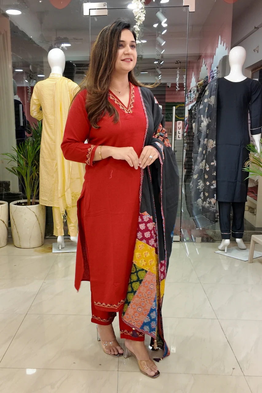 Cotton Embroidered Pant Set with Ajrakh Appliqué Dupatta - Image 23