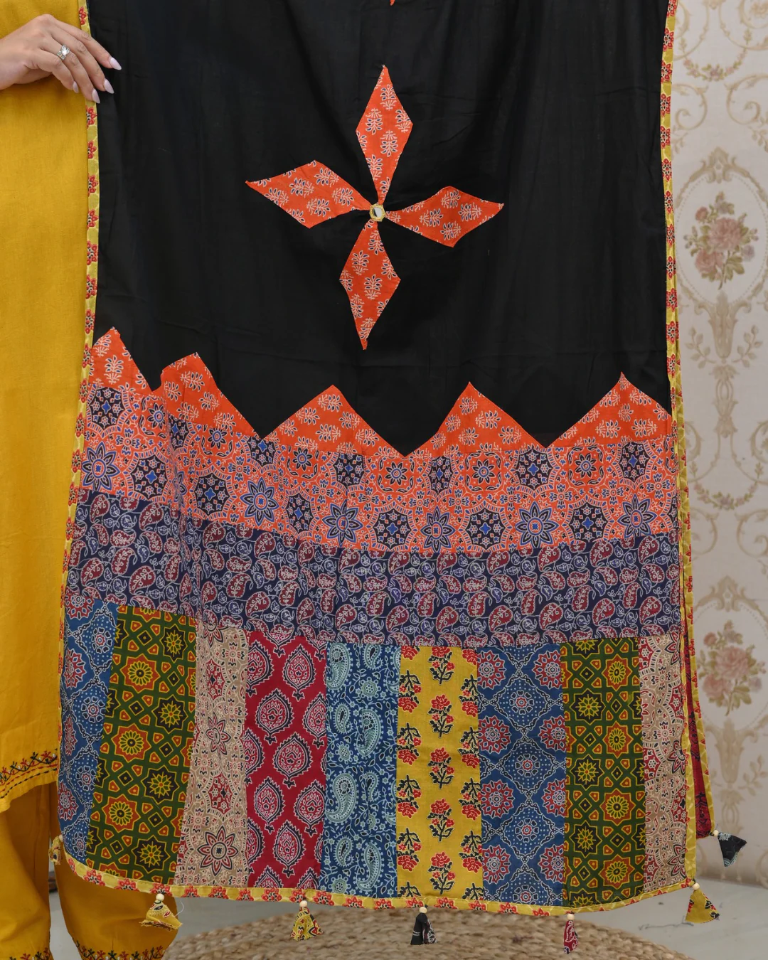 Cotton Embroidered Pant Set with Ajrakh Appliqué Dupatta - Image 7